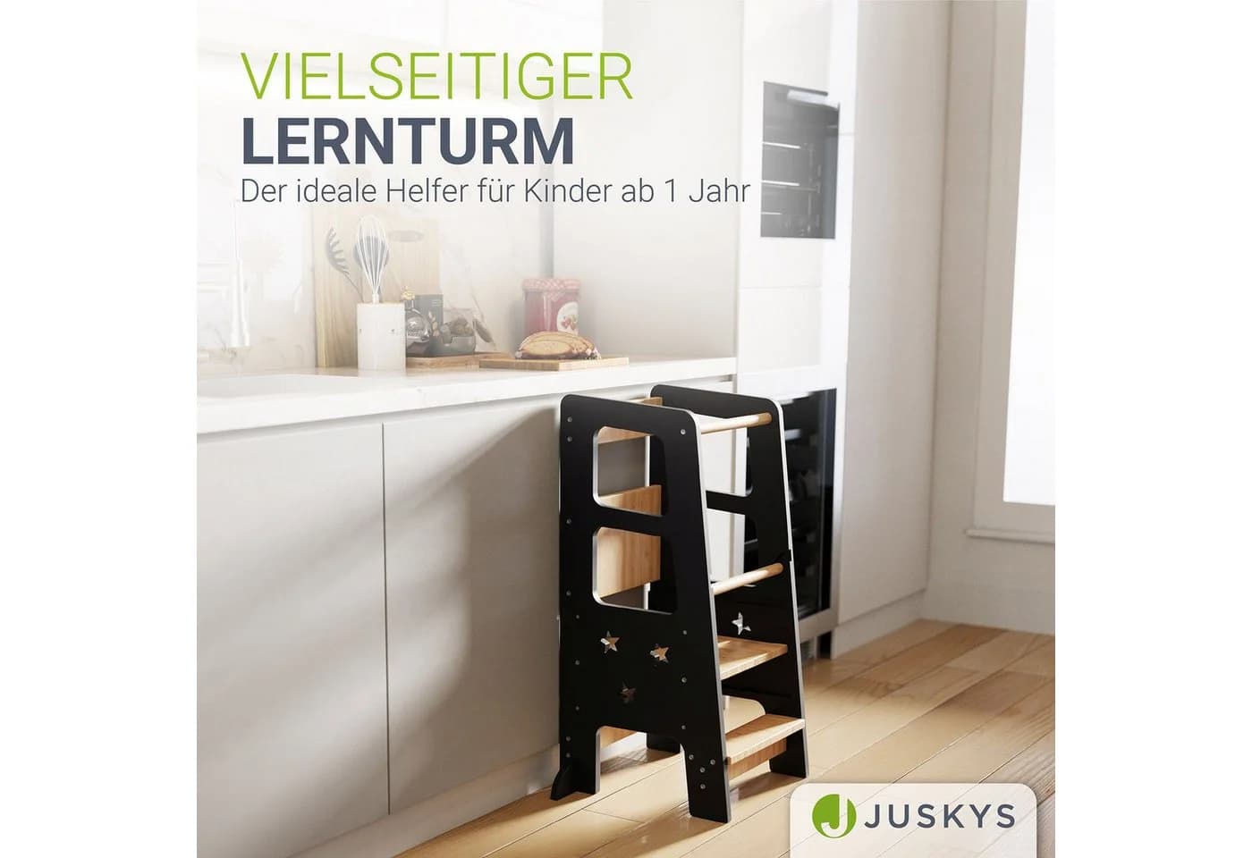 Juskys Lernturm Henny - 3-fach höhenverstellbar mit Umkippschutz - Schwarz - Bild 2