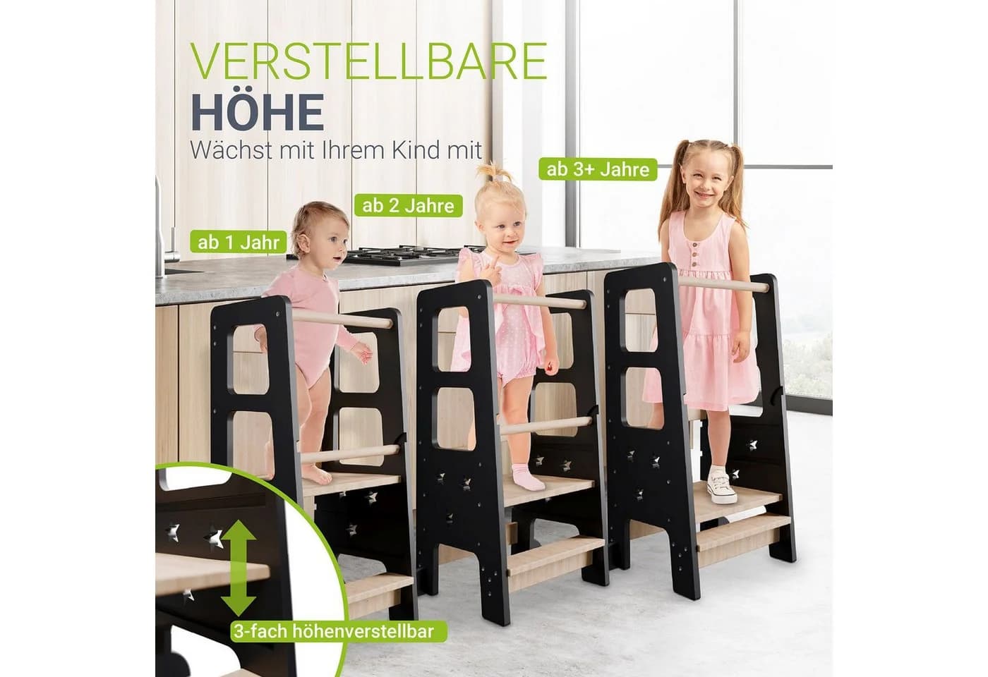 Juskys Lernturm Henny - 3-fach höhenverstellbar mit Umkippschutz - Schwarz - Bild 5