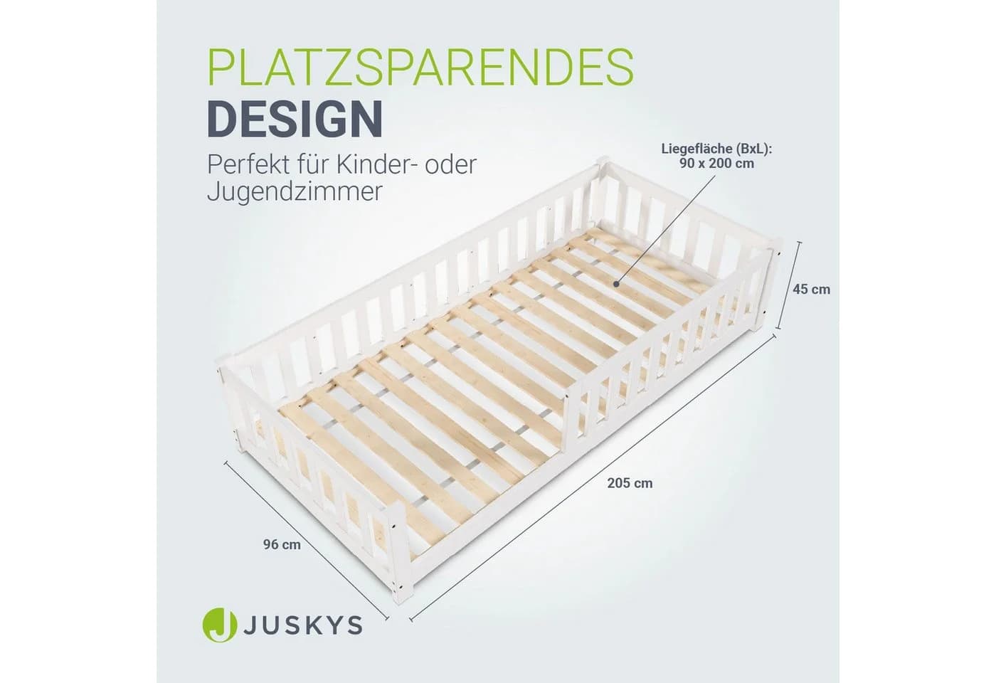 Juskys Kinderbett Naya Bodenbett Weiß mit Rausfallschutz & Lattenrost - Bild 5