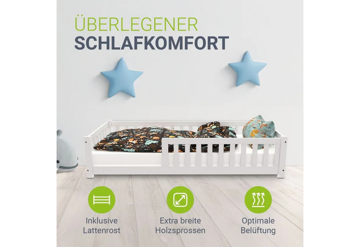 Juskys Kinderbett Naya Bodenbett Weiß mit Matratze - Bild 2