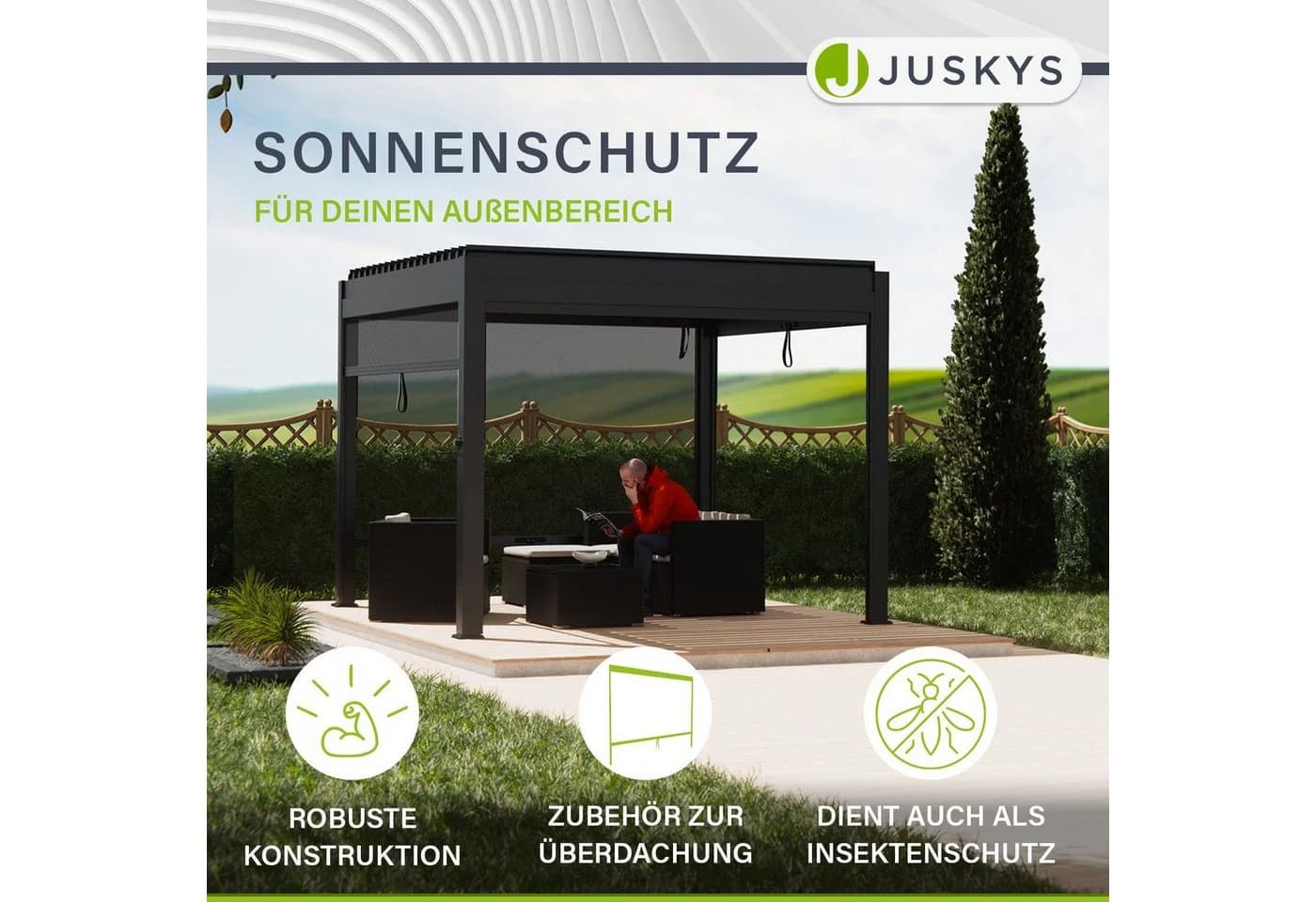 Juskys Seitenwand Rollo 3 m für Lamellendach Tahiti Anthrazit