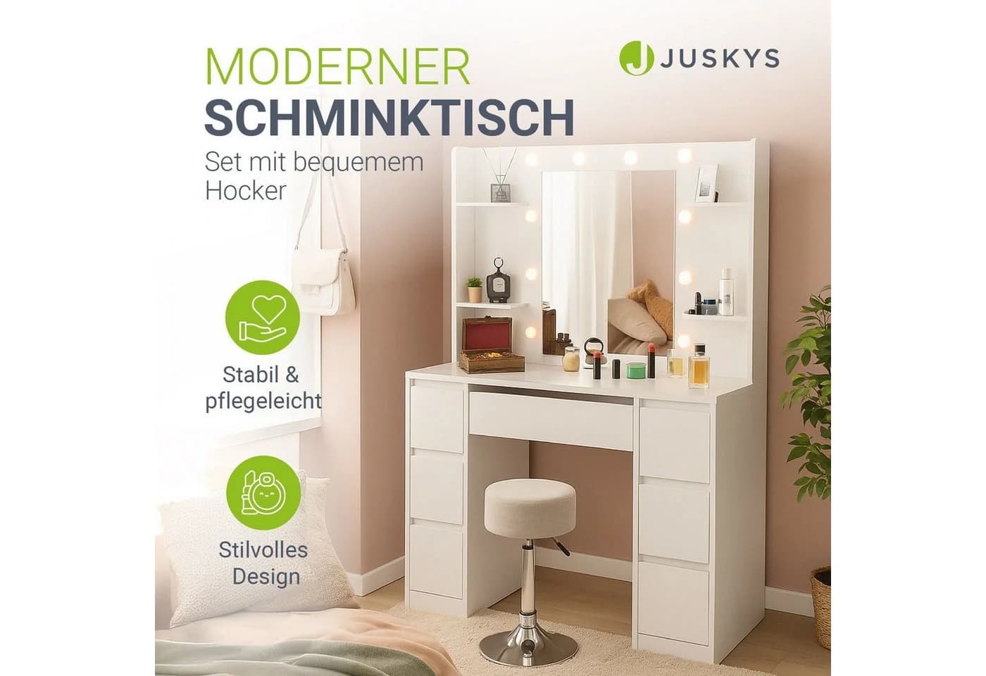 Juskys Schminktisch Malia mit LED-Spiegel & Hocker Tonia Weiß - Bild 2