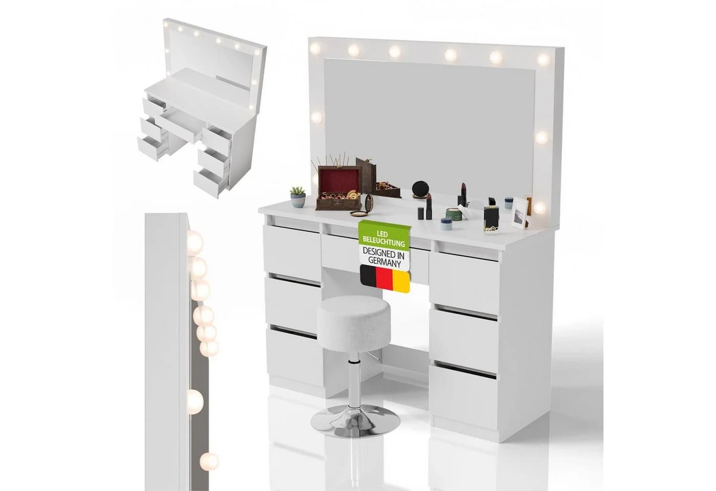 Juskys Schminktisch Lilia Weiß mit LED-Spiegel und 7 Schubladen - Bild 2