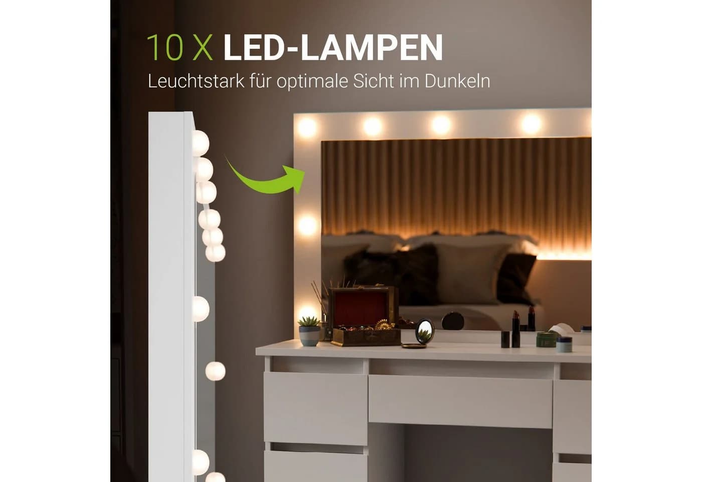 Juskys Schminktisch Lilia Weiß mit LED-Spiegel und 7 Schubladen - Bild 3
