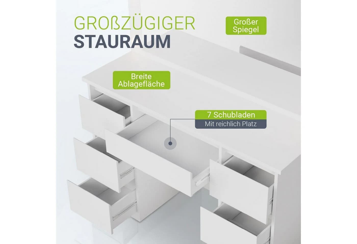 Juskys Schminktisch Lilia Weiß mit LED-Spiegel und 7 Schubladen - Bild 4