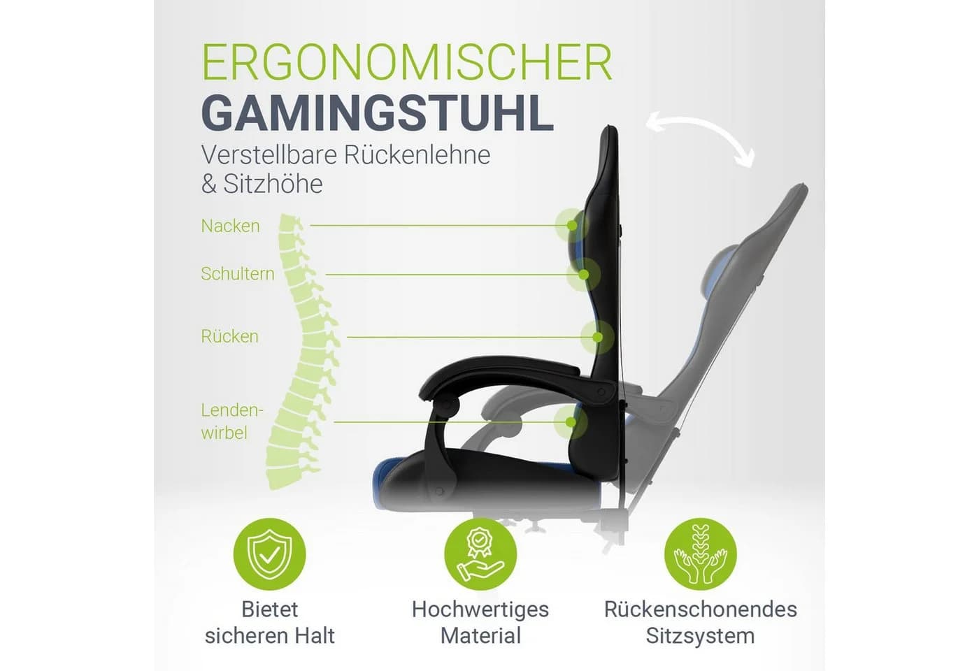 Juskys Gaming-Stuhl HyperSeat Schwarz/Blau Verstellbare Rückenlehne - Bild 2