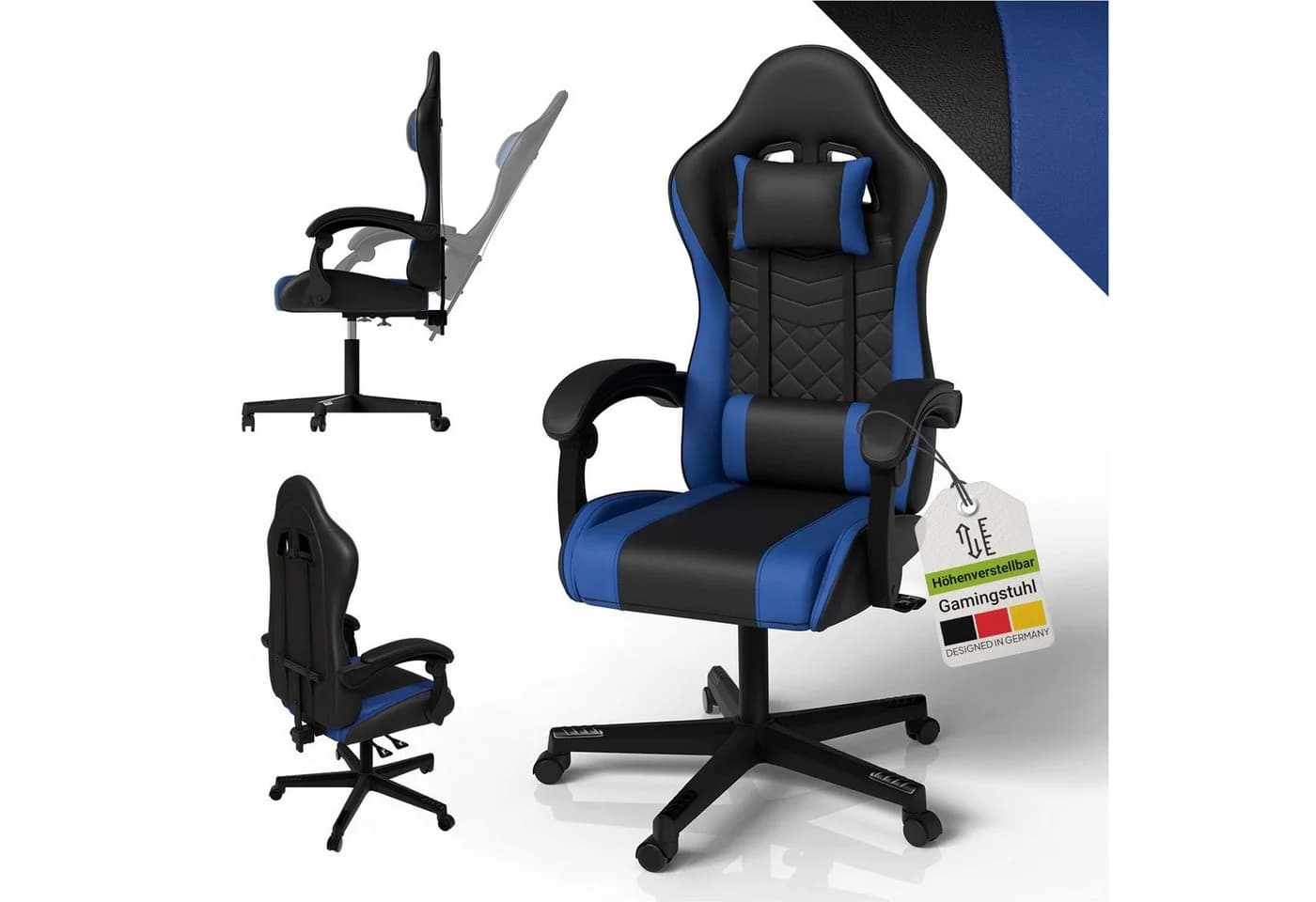 Juskys Gaming-Stuhl HyperSeat Schwarz/Blau Verstellbare Rückenlehne - Bild 3