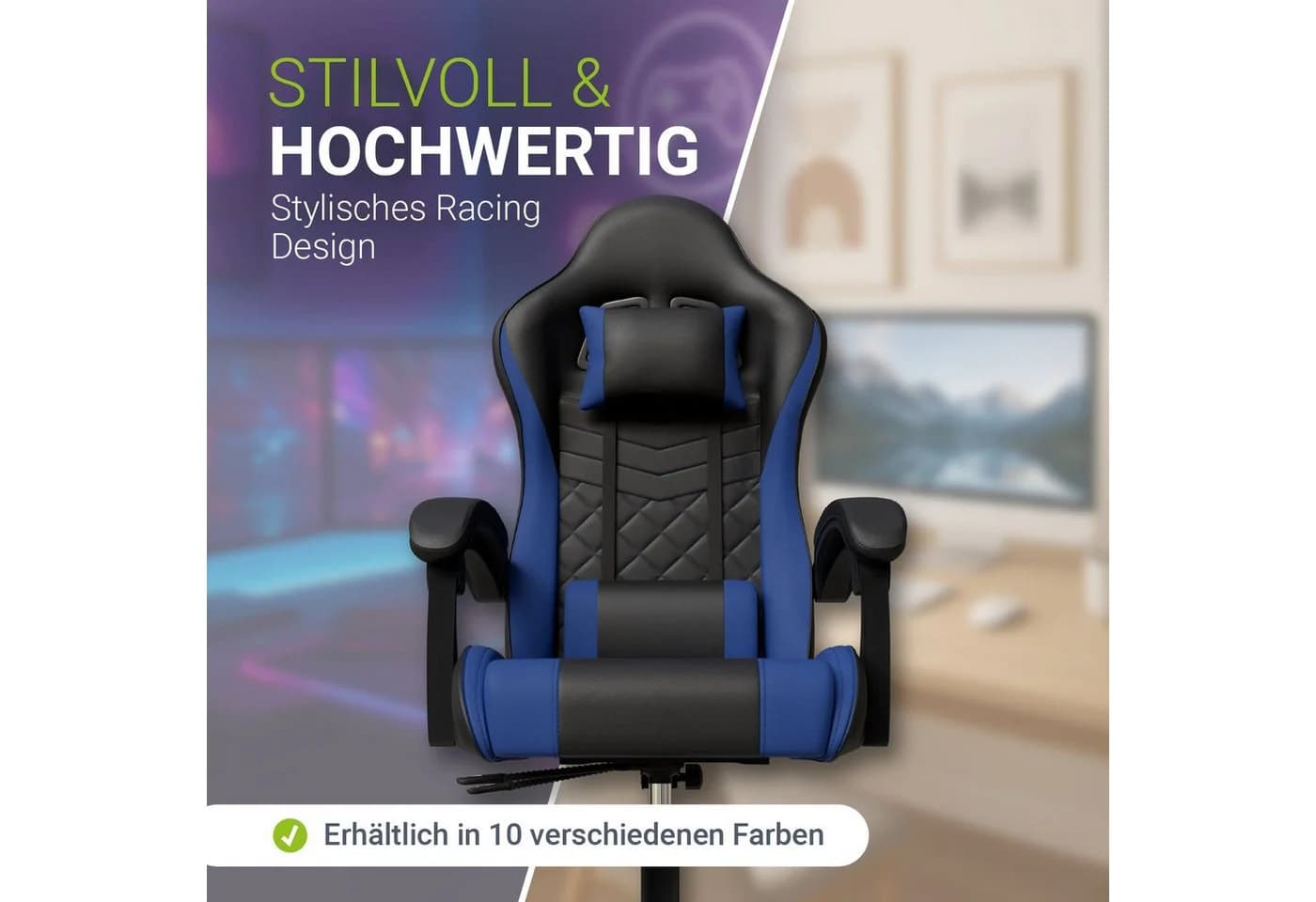 Juskys Gaming-Stuhl HyperSeat Schwarz/Blau Verstellbare Rückenlehne - Bild 4