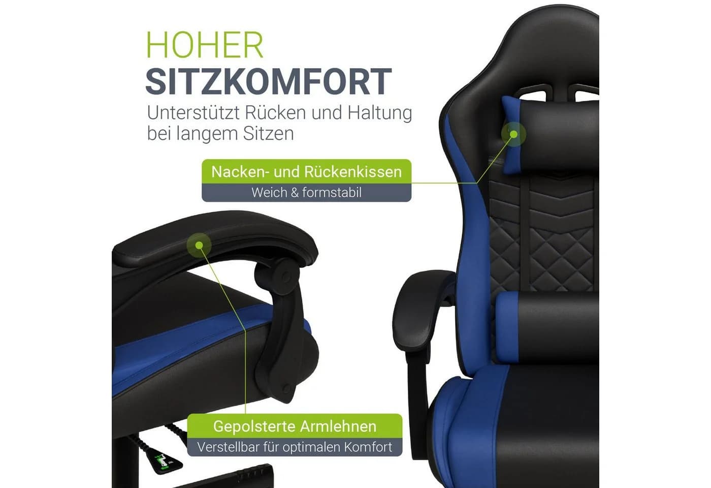 Juskys Gaming-Stuhl HyperSeat Schwarz/Blau Verstellbare Rückenlehne - Bild 5