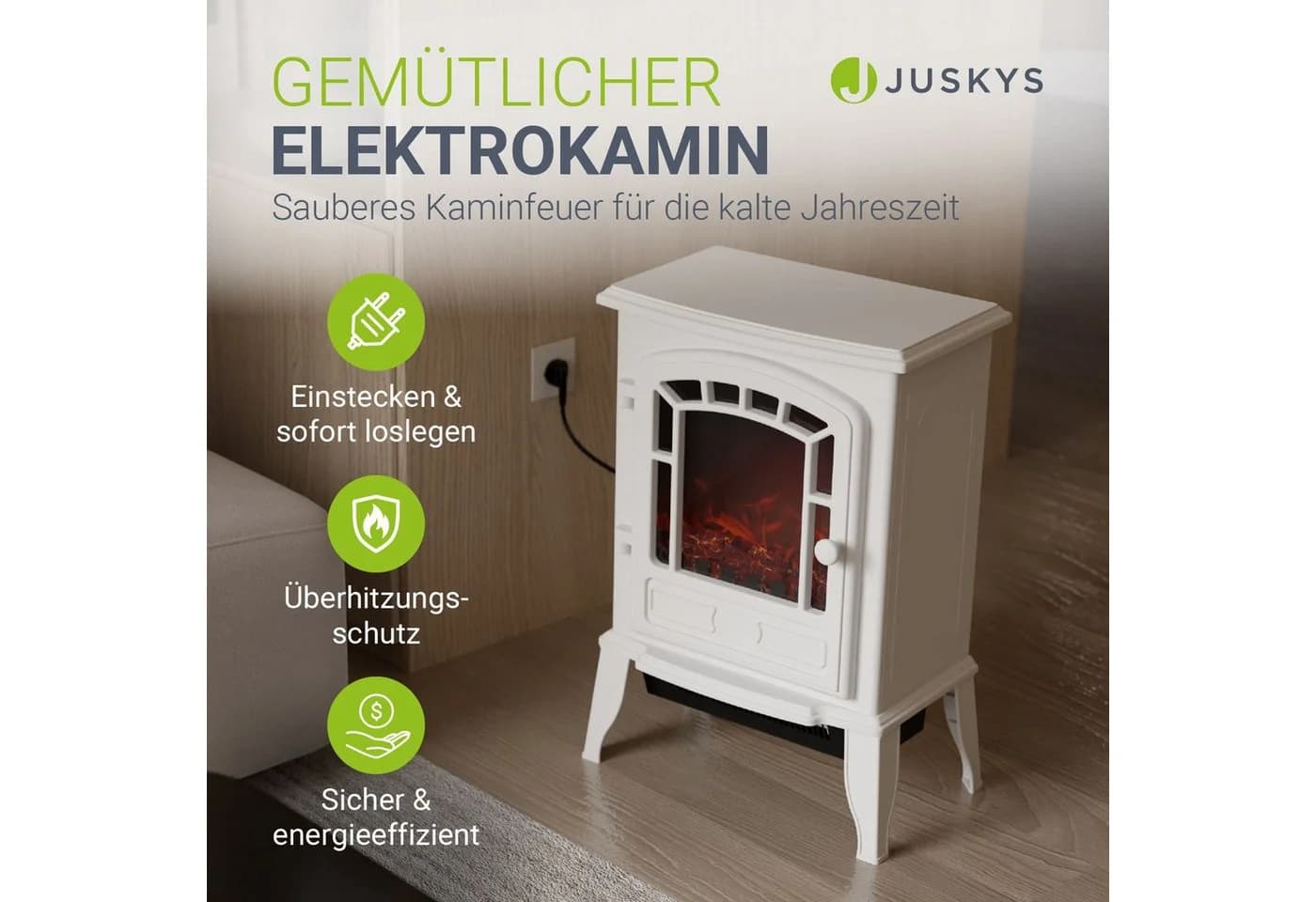 Juskys Elektrokamin 2000 W Weiß mit Flammeneffekt & Thermostat - Bild 2