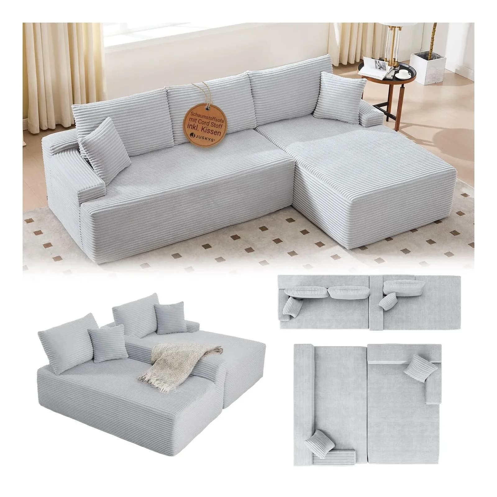 Juskys Sofa Coredo Rechts Ecksofa 3-Sitzer Couch in L-Form mit Ottomane Cord Hellgrau