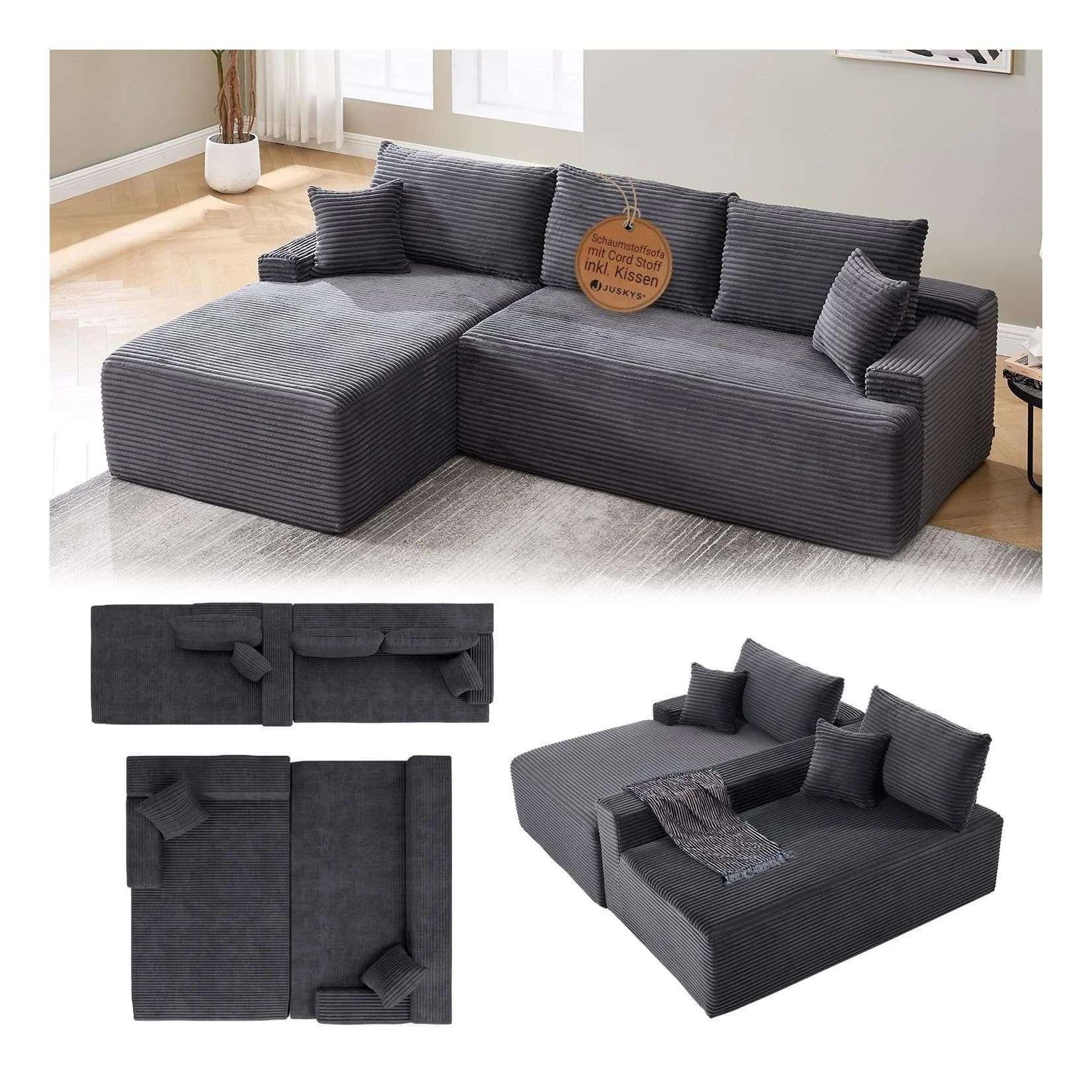 Juskys Sofa Coredo Links - Ecksofa 3-Sitzer, Couch in L-Form mit Ottomane - Cord Dunkelgrau