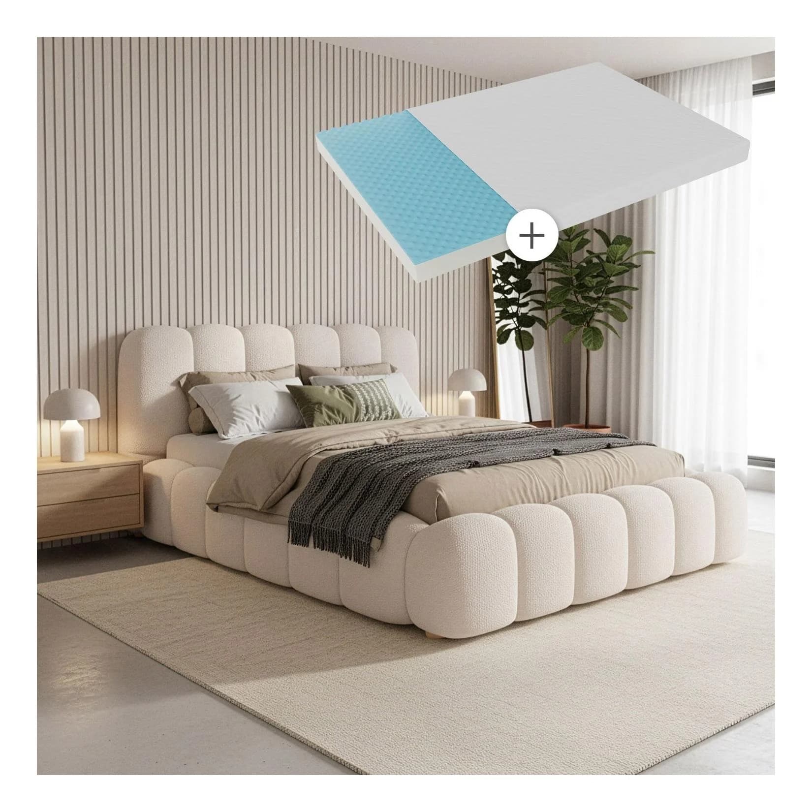 Juskys Polsterbett Catania 140x200 cm mit Matratze, Bubble Design, Bouclé Stoff