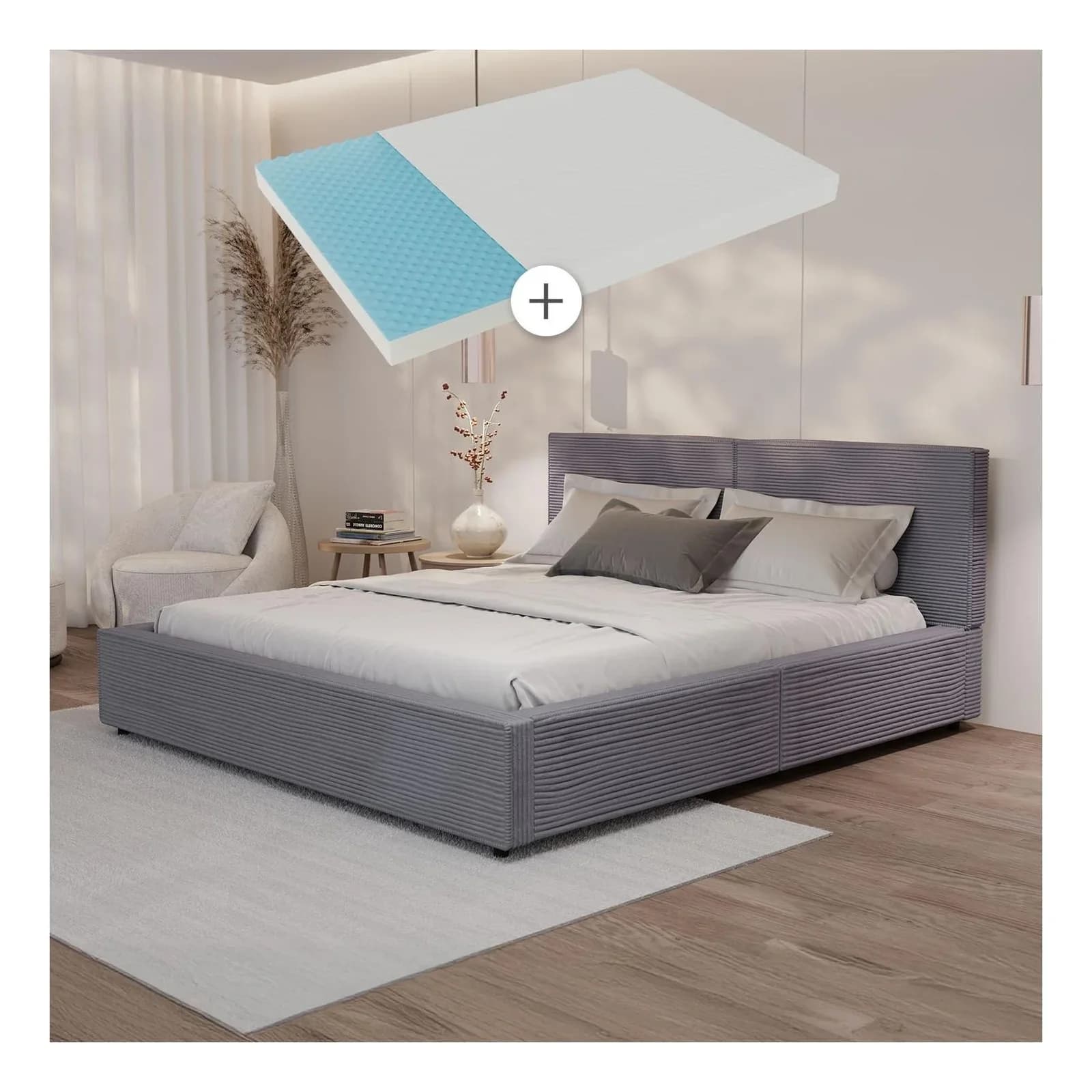 Juskys Polsterbett Salerno mit Matratze – 180 x 200 cm Cord Grau