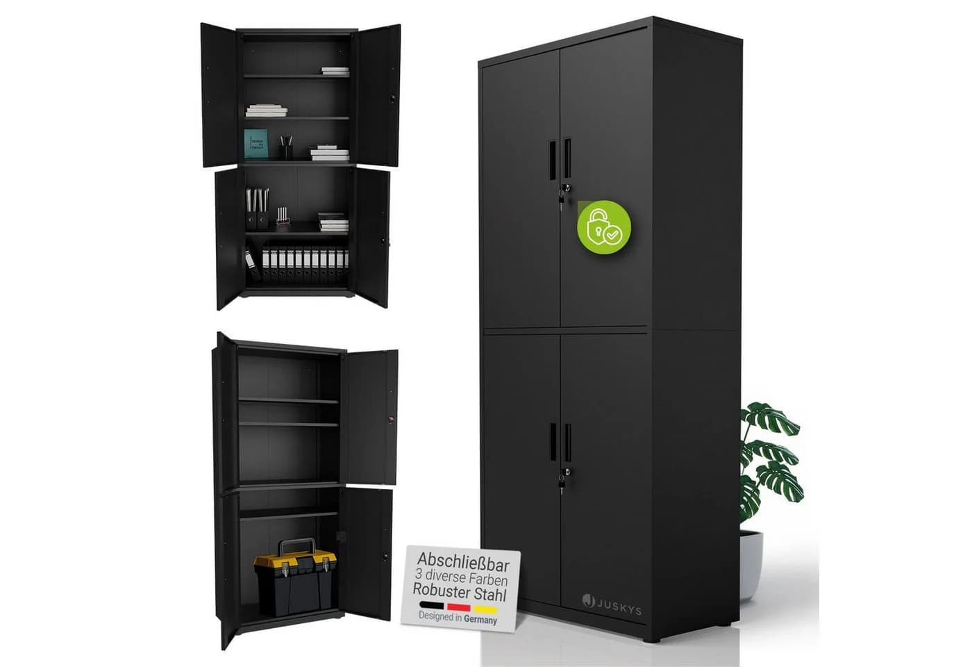 Juskys Aktenschrank Metall 180x80x40 cm 2 Türen Abschließbar Höhenverstellbar Schwarz - Bild 3