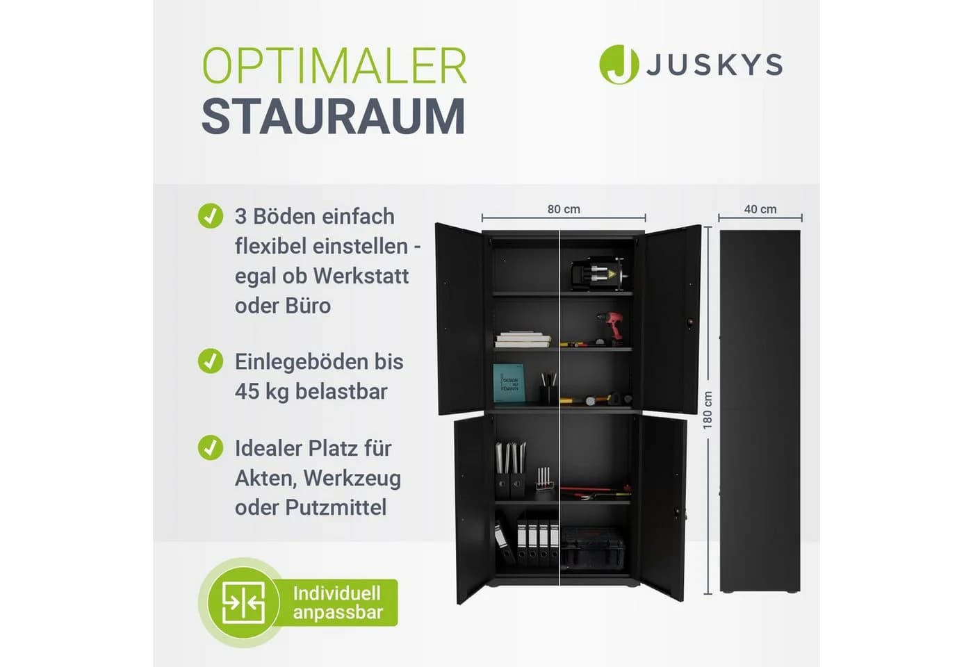Juskys Aktenschrank Metall 180x80x40 cm 2 Türen Abschließbar Höhenverstellbar Schwarz - Bild 5