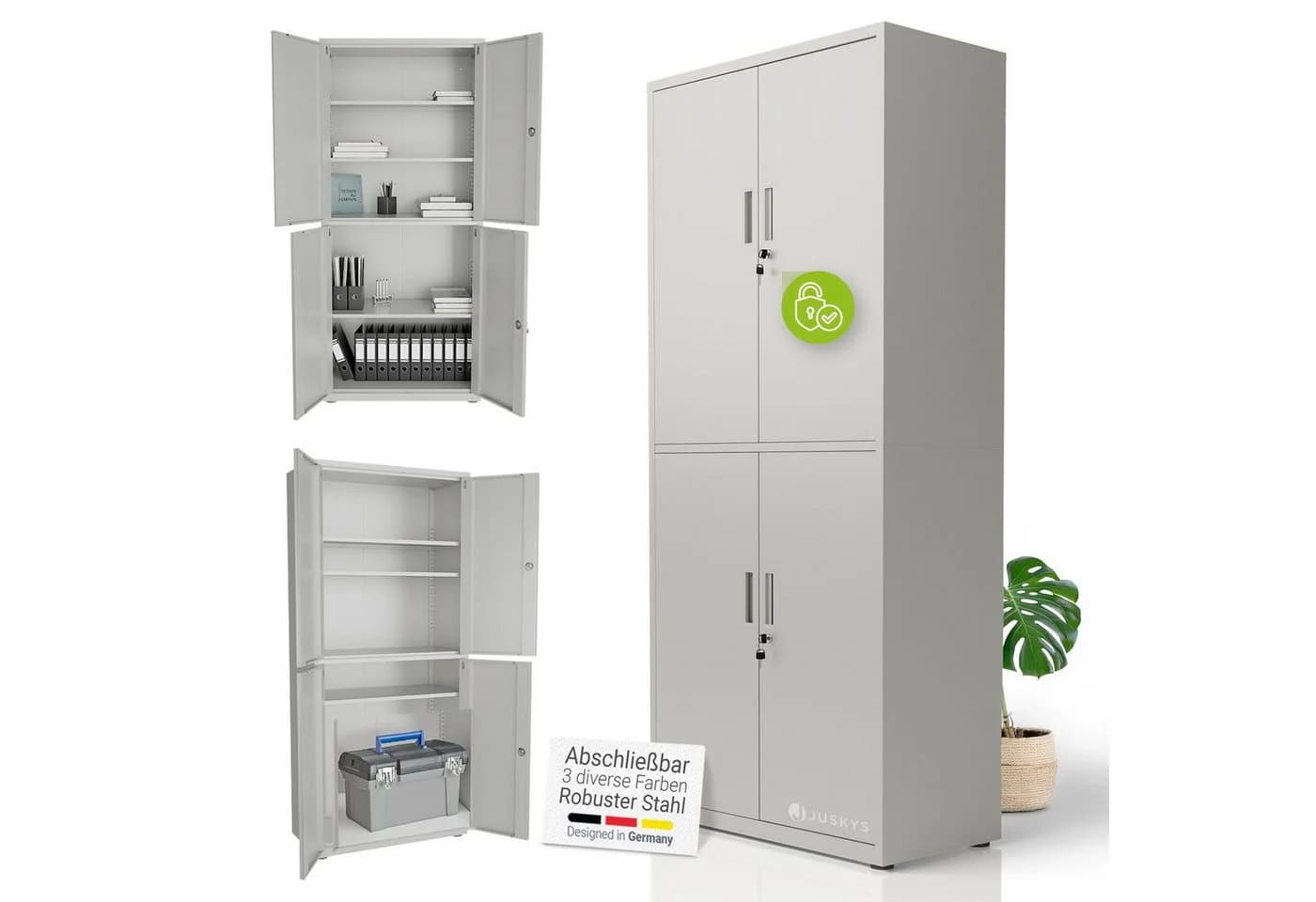 Juskys Aktenschrank Metall 180x80x40 cm 2 Türen Abschließbar Höhenverstellbar Hellgrau - Bild 3