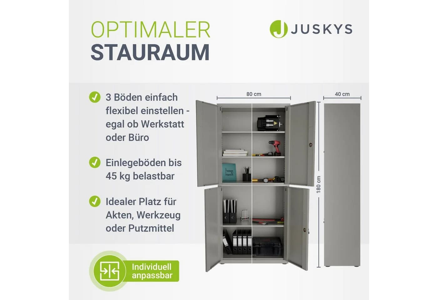 Juskys Aktenschrank Metall 180x80x40 cm 2 Türen Abschließbar Höhenverstellbar Hellgrau - Bild 5