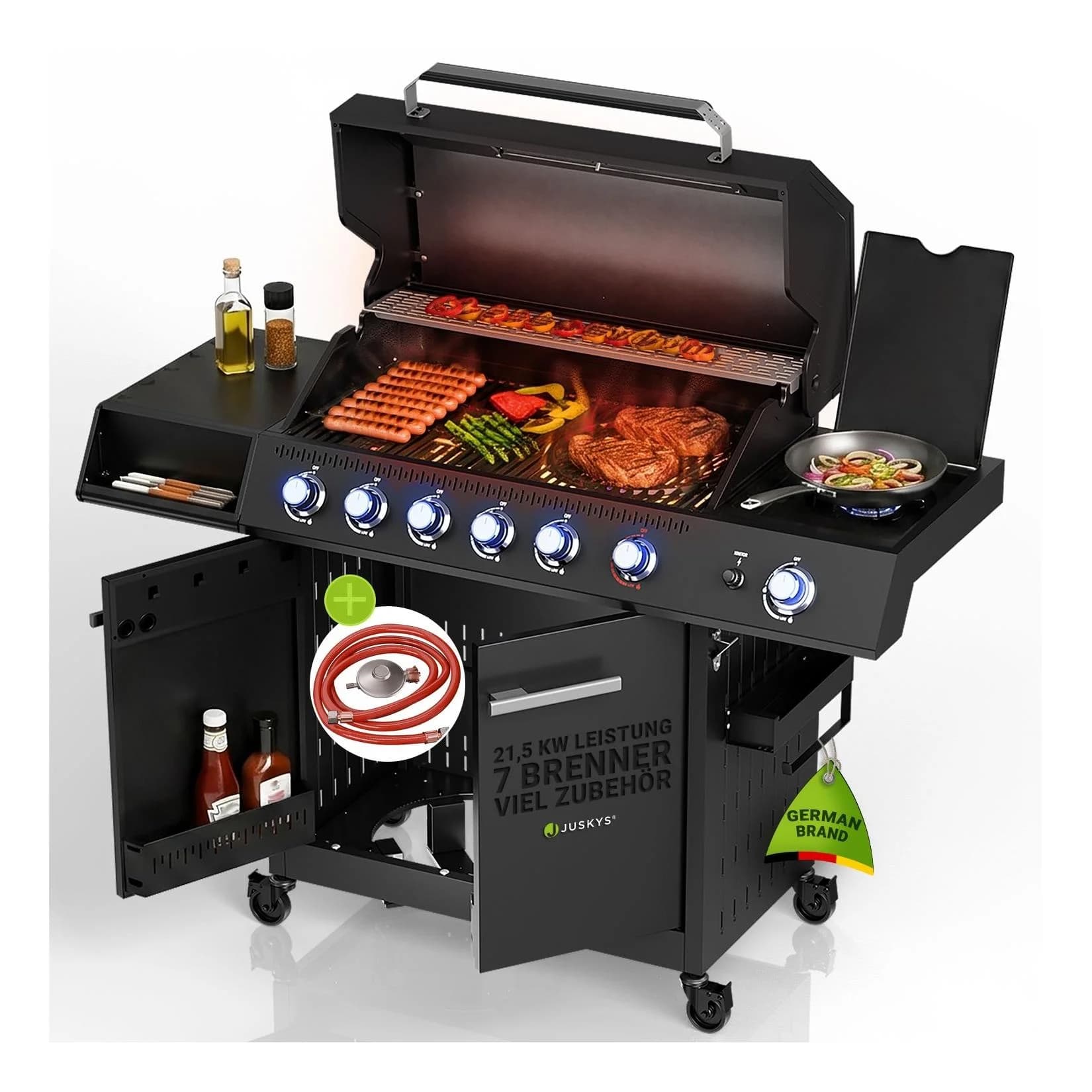JUSKYS Gasgrill Tennessee 6+1 mit Gusseisenrost & Sichtfenster