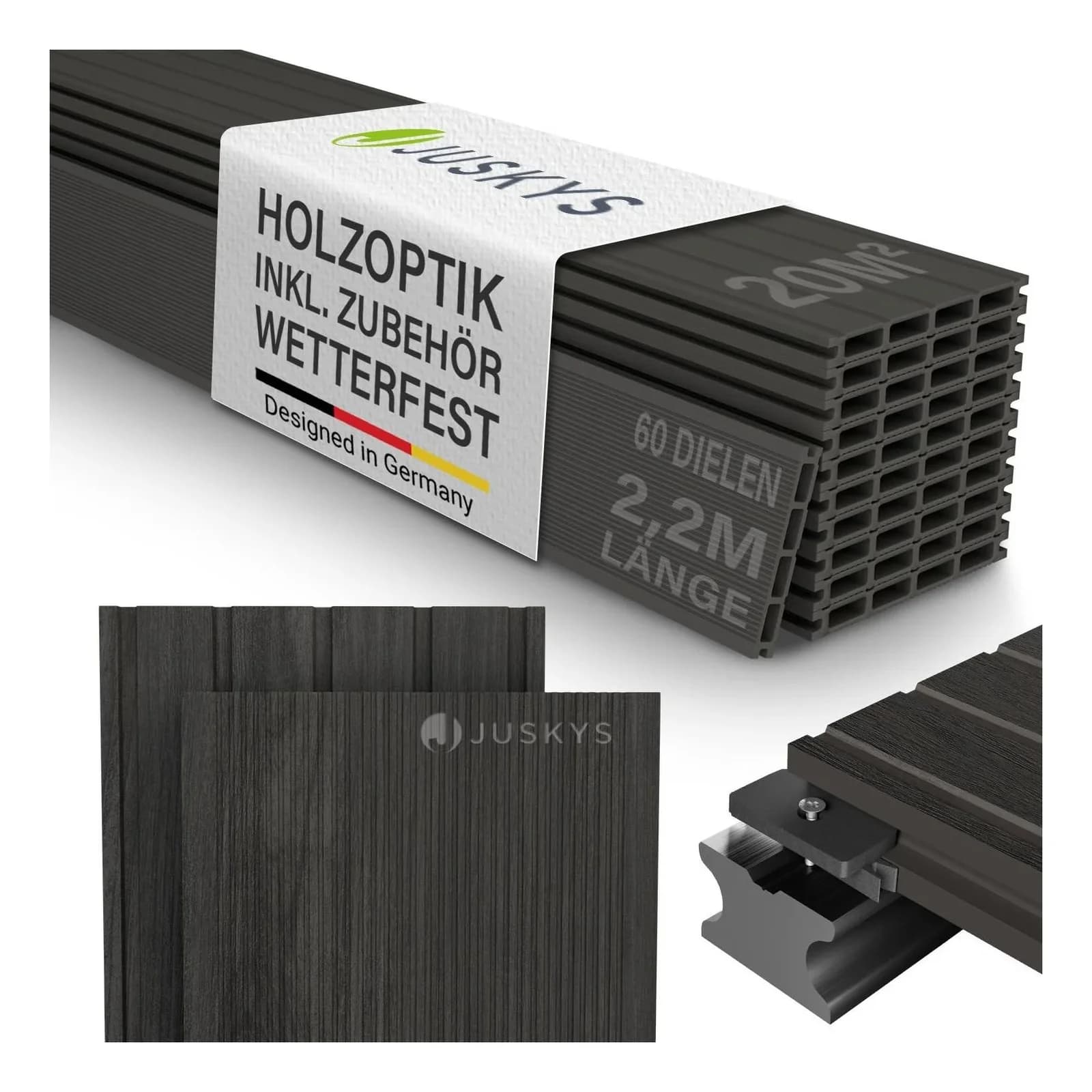 Juskys WPC Terrassendielen 20 m² Grau Inkl. Unterkonstruktion