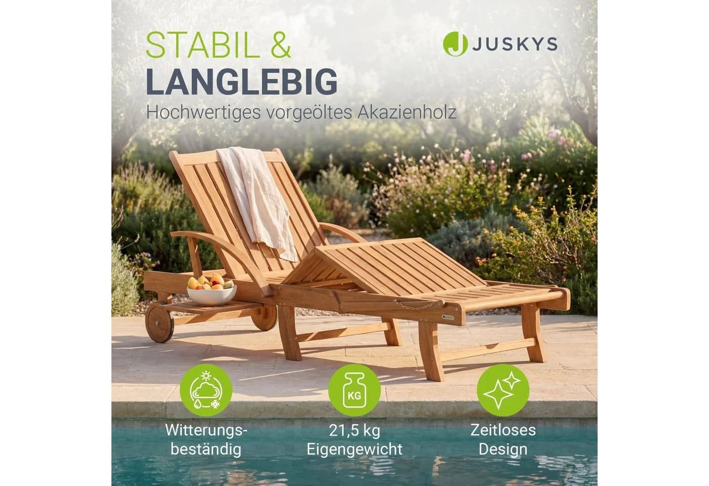 Juskys Sonnenliege Akazie geölt klappbar inkl. Klapptisch - Bild 2