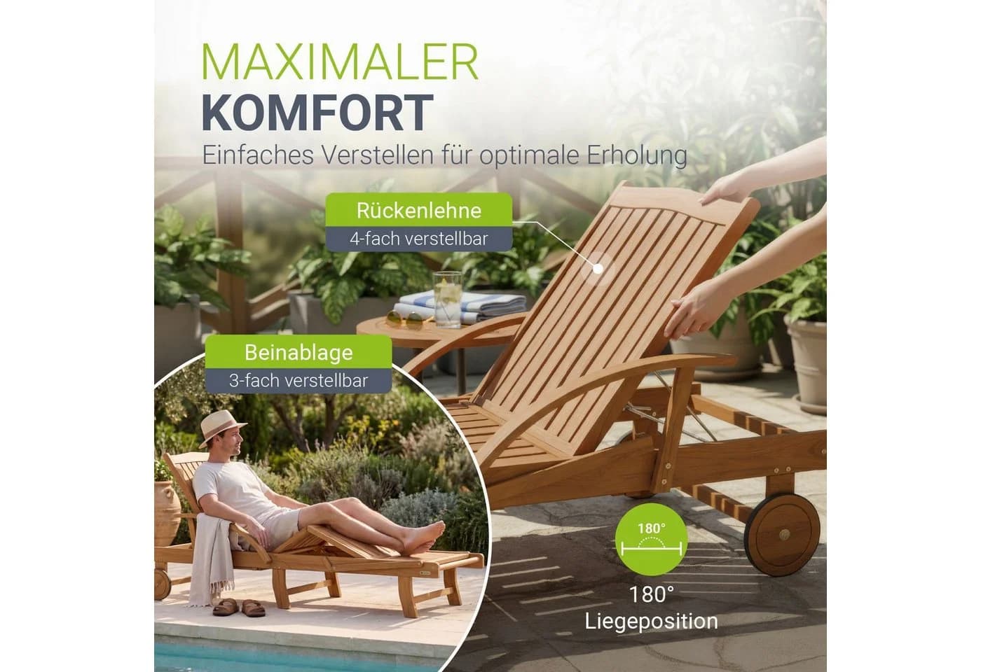 Juskys Sonnenliege Akazie geölt klappbar inkl. Klapptisch - Bild 4
