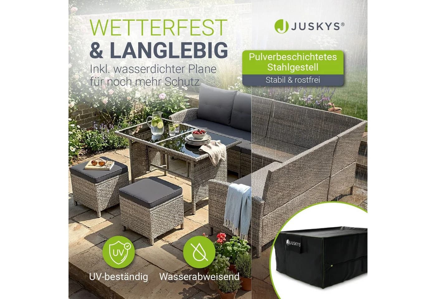 Juskys Gartenlounge Manacor grau Sofa, Tisch, Hocker & Kissen inkl. Abdeckung - 7 Personen