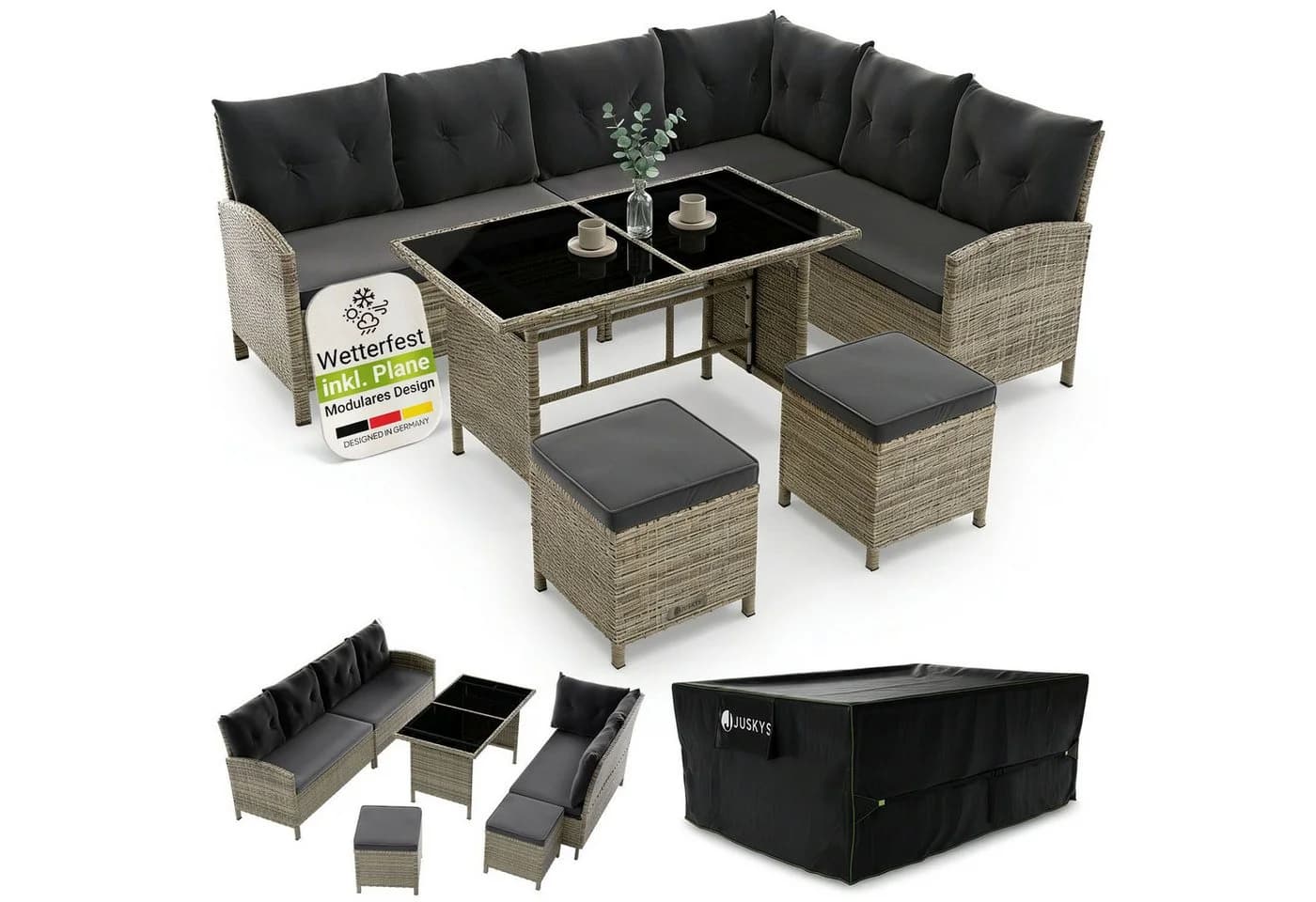 Juskys Gartenlounge Manacor grau Sofa, Tisch, Hocker & Kissen inkl. Abdeckung - 7 Personen - Bild 2