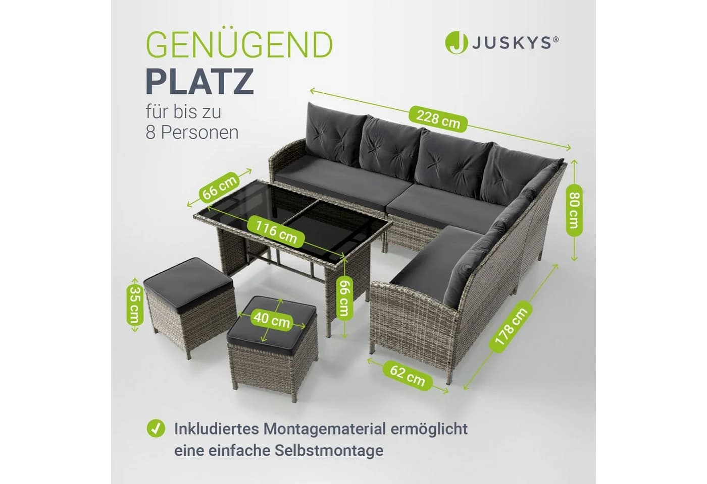 Juskys Gartenlounge Manacor grau Sofa, Tisch, Hocker & Kissen inkl. Abdeckung - 7 Personen - Bild 4