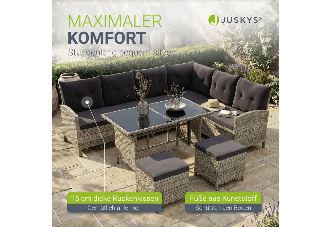 Juskys Gartenlounge Manacor grau Sofa, Tisch, Hocker & Kissen inkl. Abdeckung - 7 Personen - Bild 5