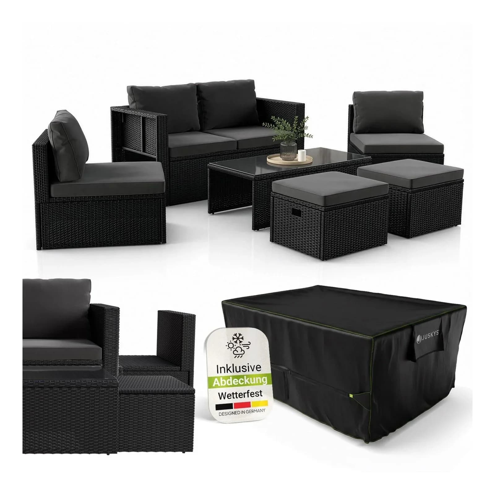 Juskys Polyrattan Gartenmöbel Set Salou Outdoor Lounge Schwarz