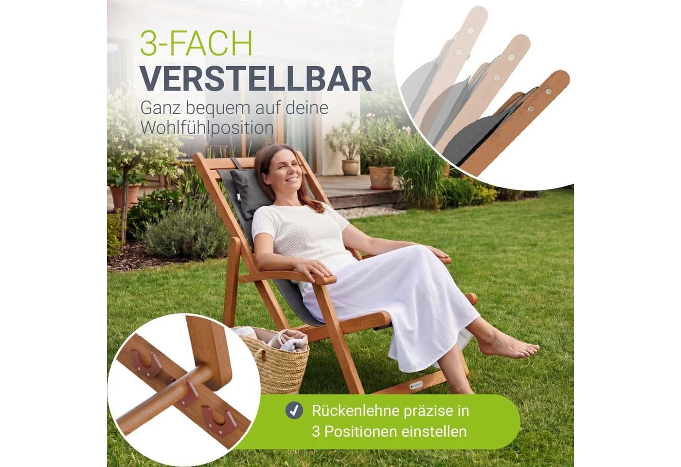 JUSKYS Sonnenliege Tavira 2er Set Dunkelgrau Akazienholz UV-beständig klappbar - Bild 2