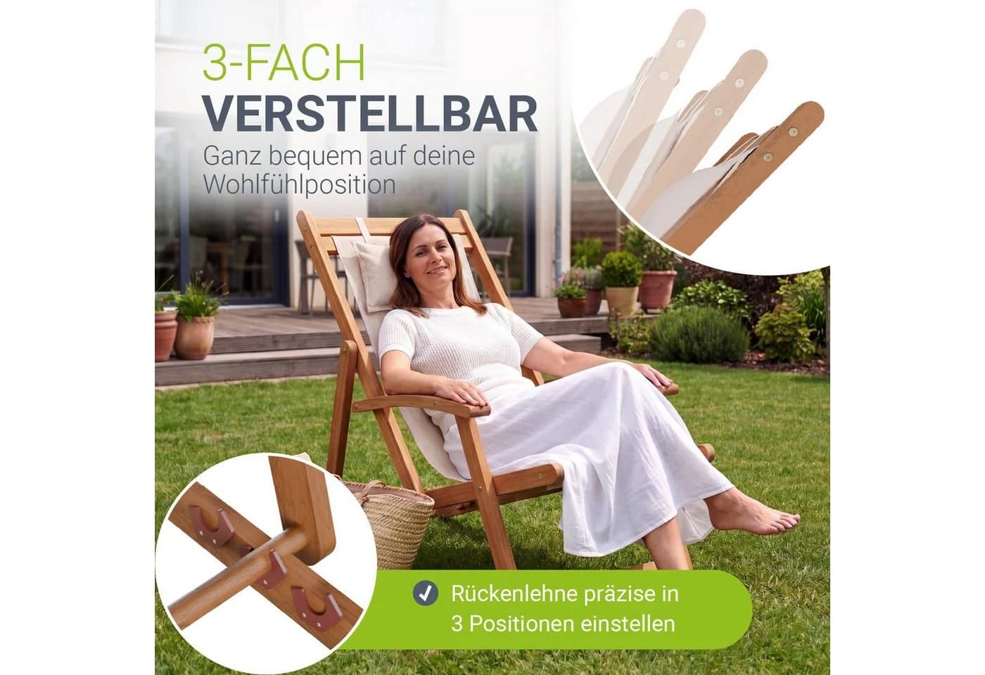 JUSKYS Sonnenliege Tavira 2er Set Creme Akazienholz UV-beständig klappbar - Bild 2