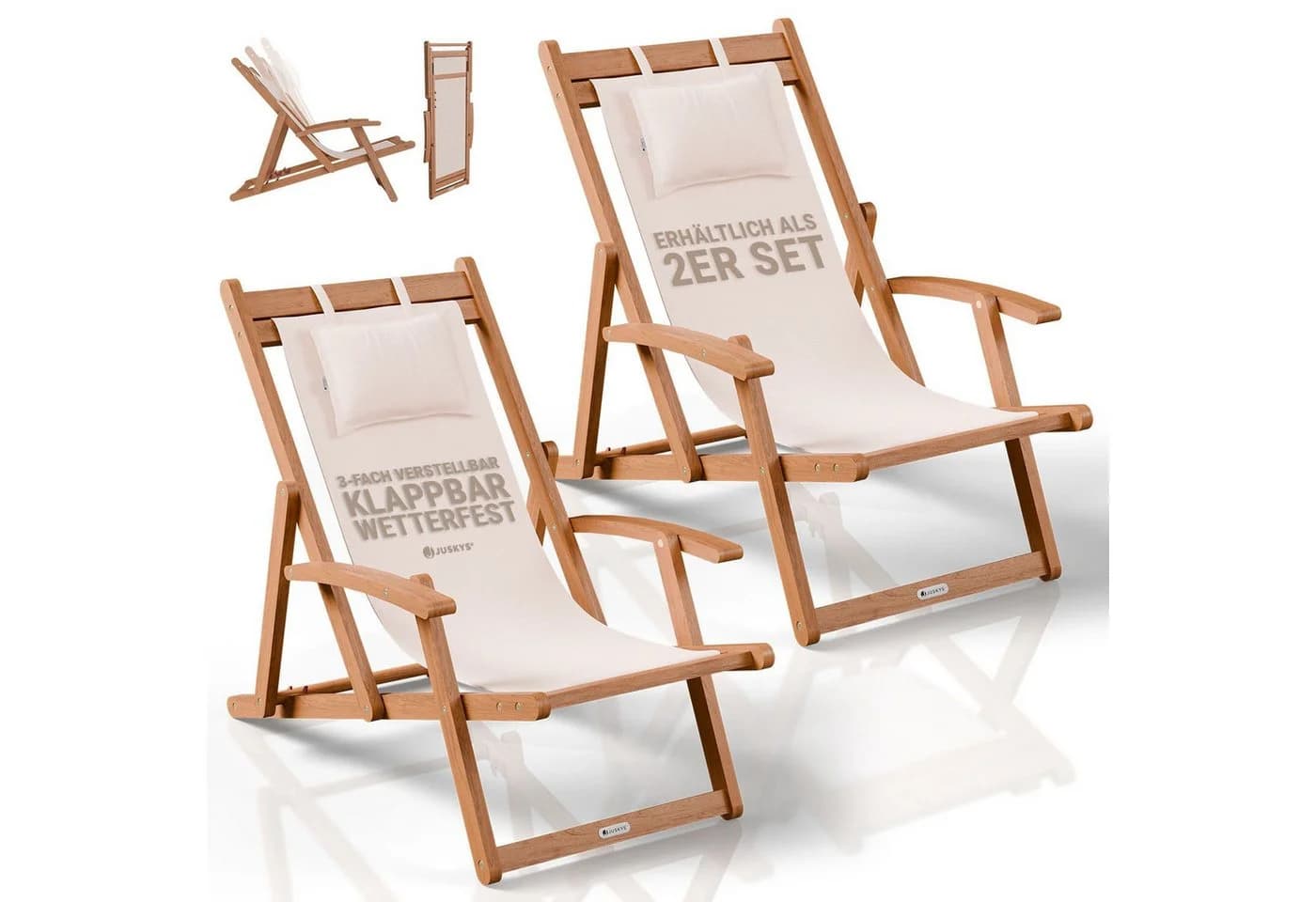 JUSKYS Sonnenliege Tavira 2er Set Creme Akazienholz UV-beständig klappbar - Bild 3