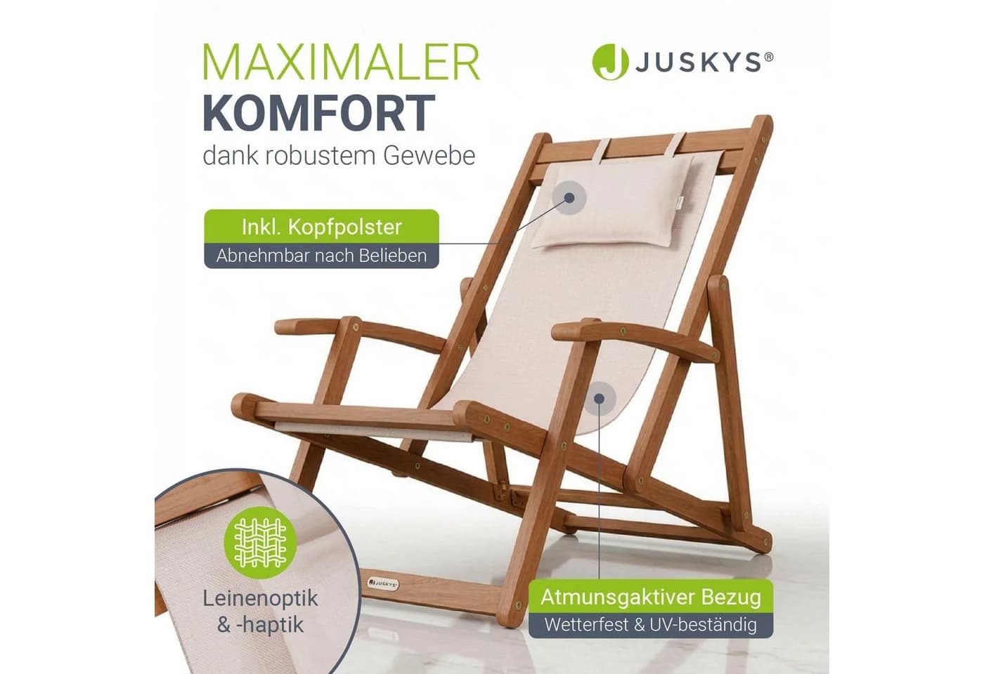 JUSKYS Sonnenliege Tavira 2er Set Creme Akazienholz UV-beständig klappbar - Bild 5