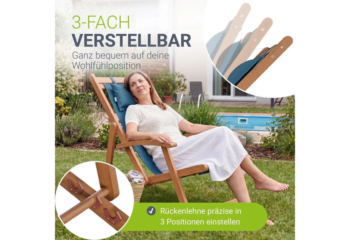 JUSKYS Sonnenliege Tavira 2er Set Petrol Akazienholz UV-beständig klappbar - Bild 2