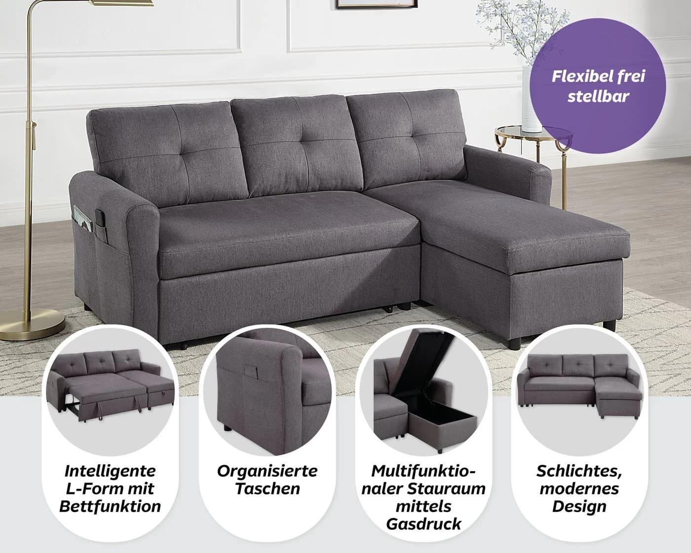 ATLANTIC HOME COLLECTION Schlafsofa Gustavo L-Form Dunkelgrau mit Bettkasten - Bild 4