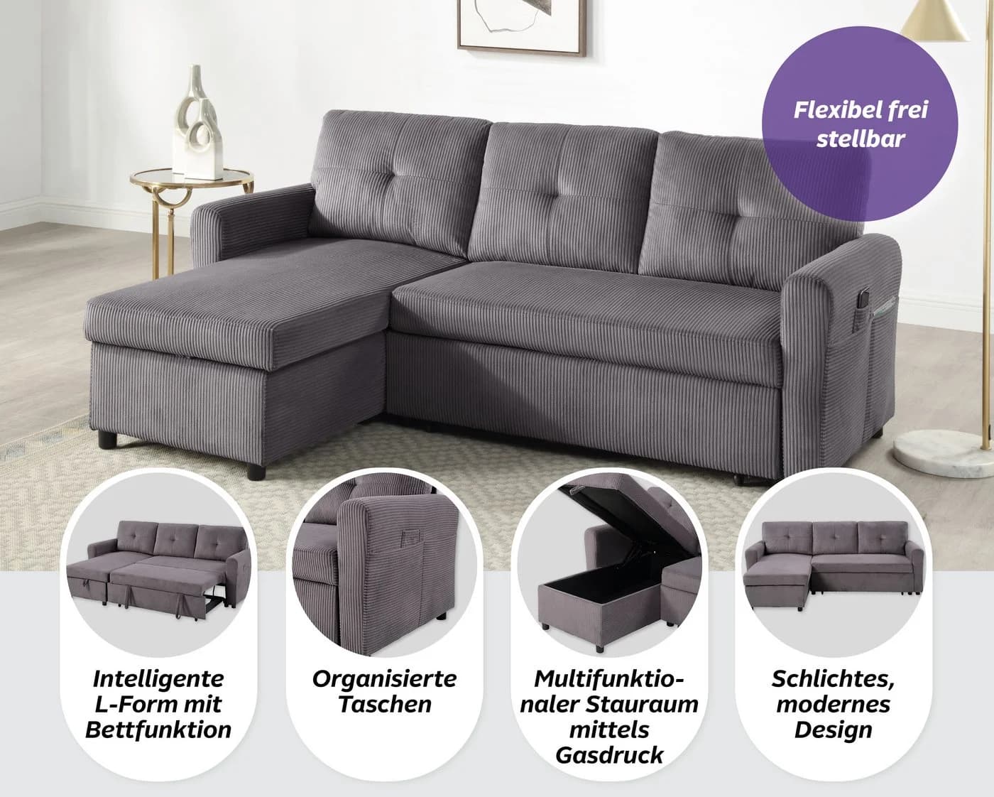 ATLANTIC HOME COLLECTION Schlafsofa Gustavo L-Form Grau mit Bettkasten - Bild 4