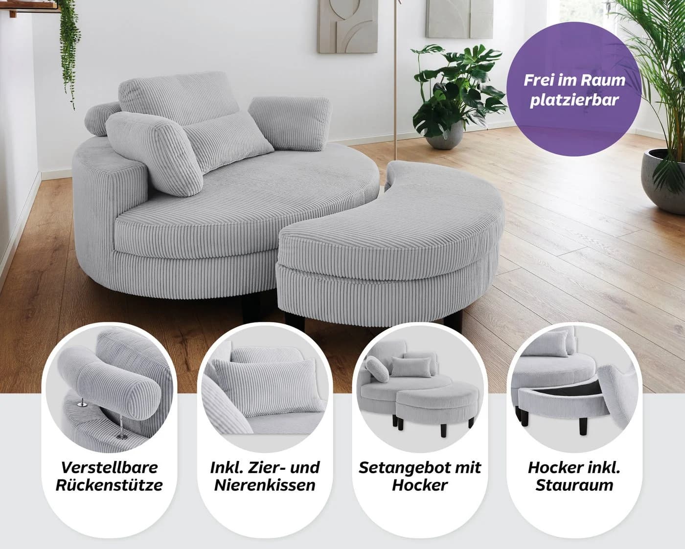 ATLANTIC HOME COLLECTION Loveseat Ravi mit Stauraumhocker Hellgrau - Bild 3