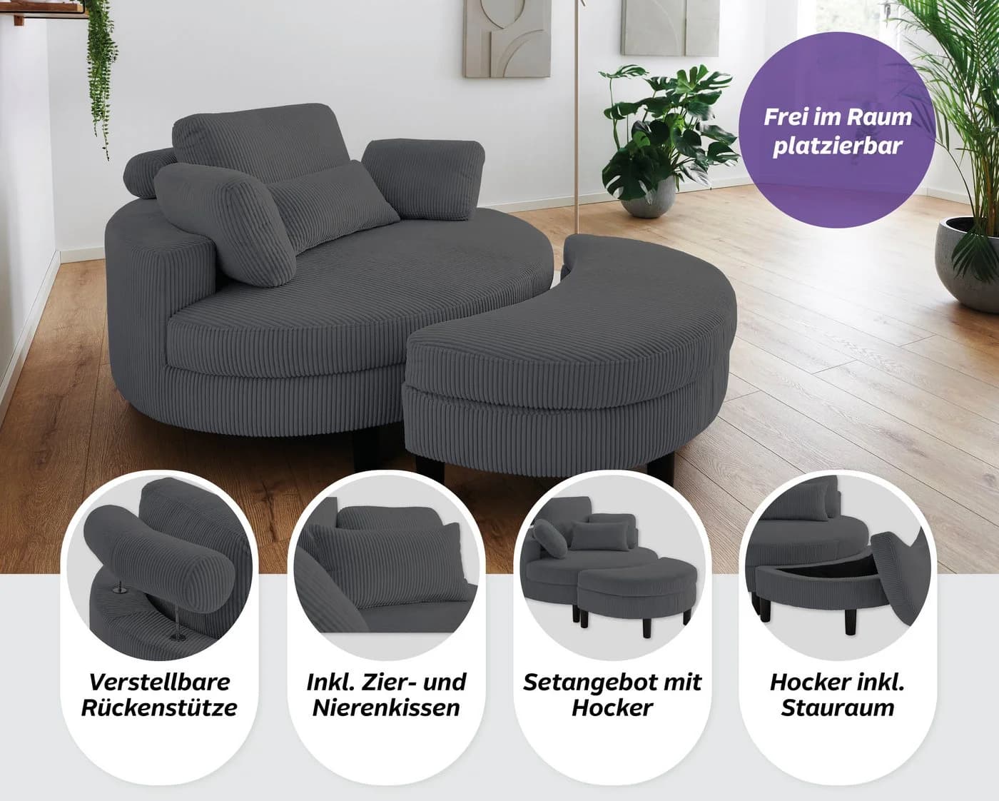 ATLANTIC HOME COLLECTION Loveseat Ravi Anthrazit mit Stauraumhocker - Bild 3