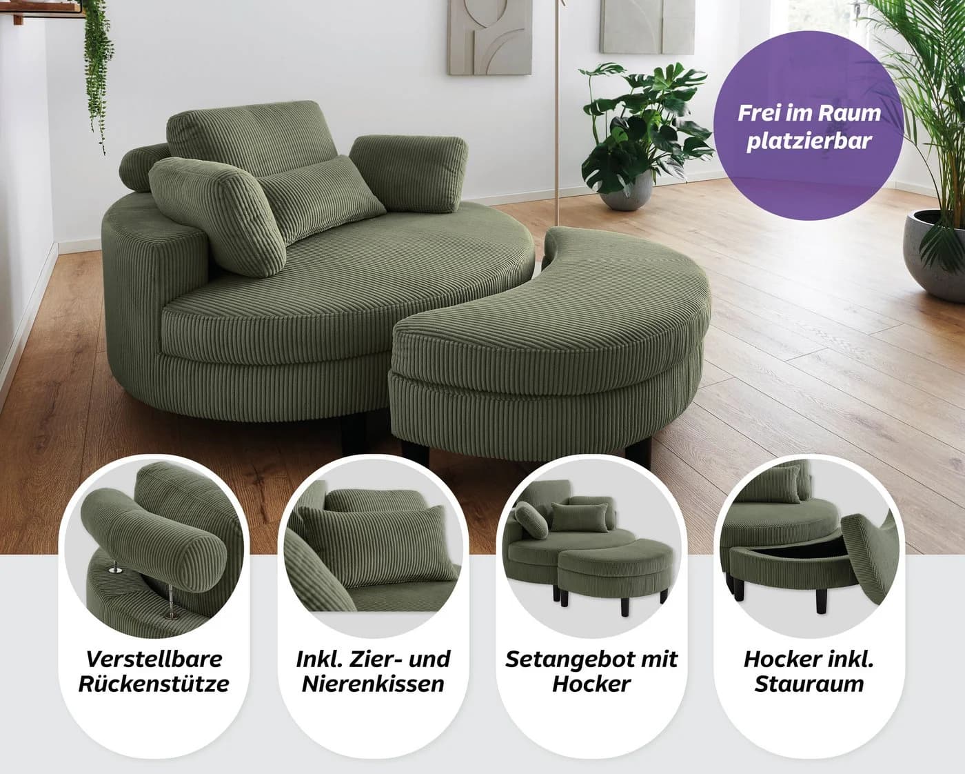 ATLANTIC HOME COLLECTION Loveseat Ravi Grün mit Stauraumhocker - Bild 3