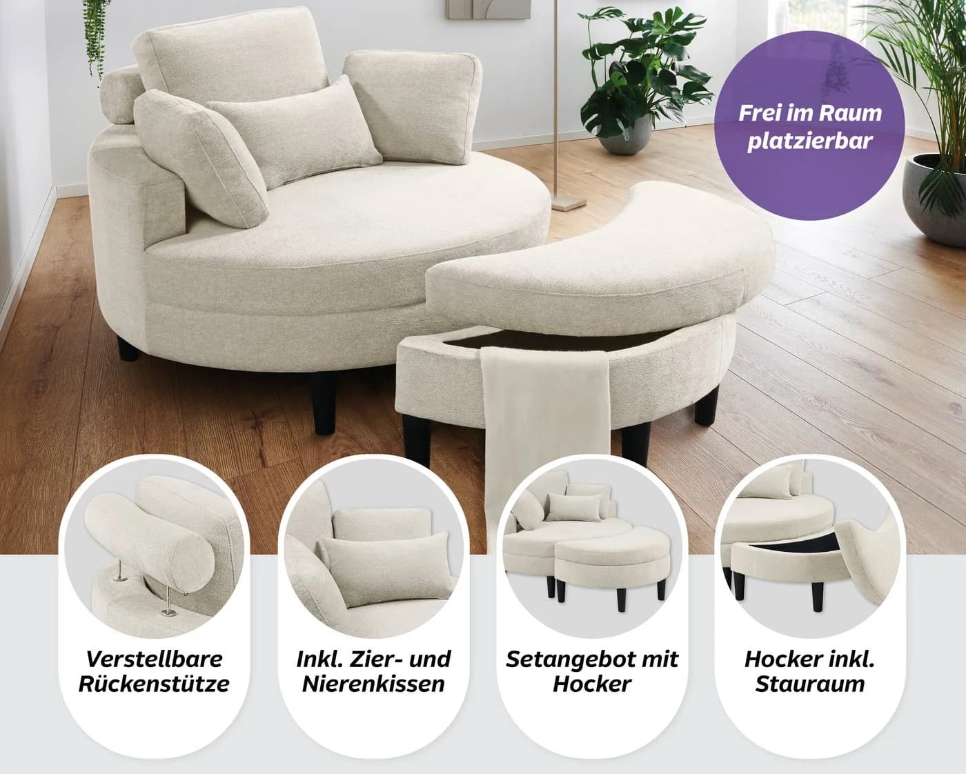 ATLANTIC HOME COLLECTION Loveseat Ravi mit Stauraumhocker Creme-Weiß - Bild 3