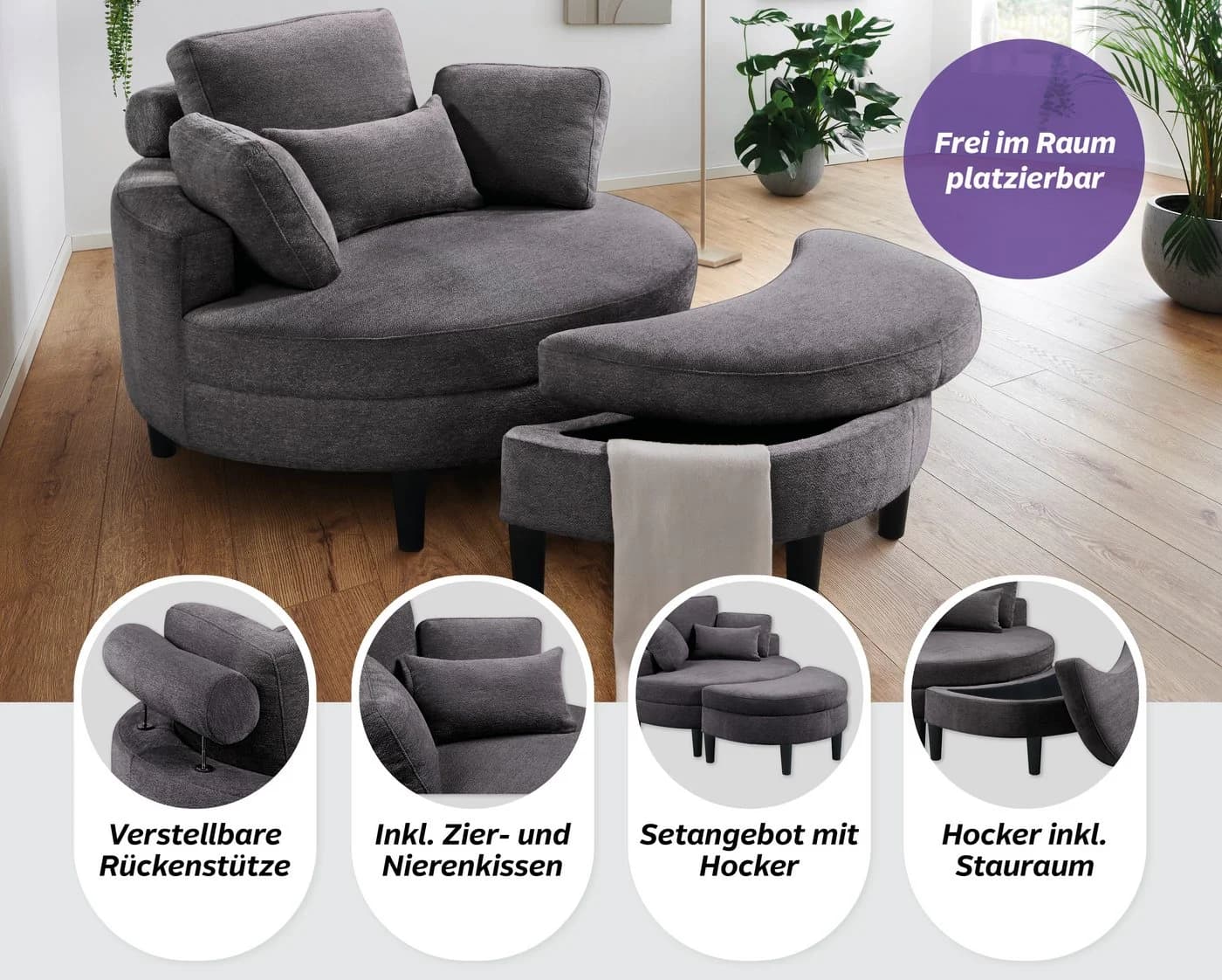 ATLANTIC HOME COLLECTION Loveseat Ravi Anthrazit mit Stauraum - Bild 3