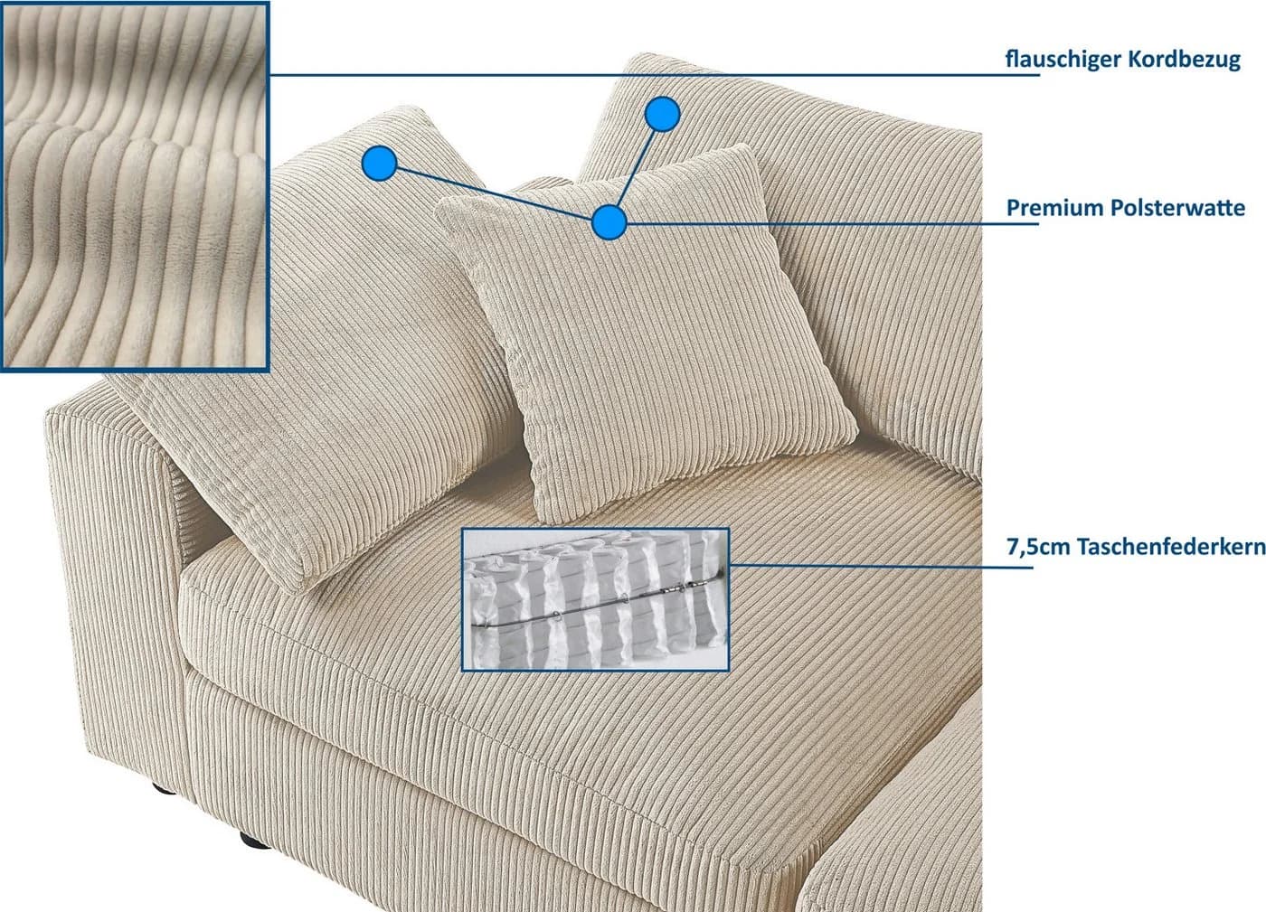 OTTO HOME Bennid 4-Sitzer Modulsofa XXL Beige Creme-Weiß Cord - Bild 3