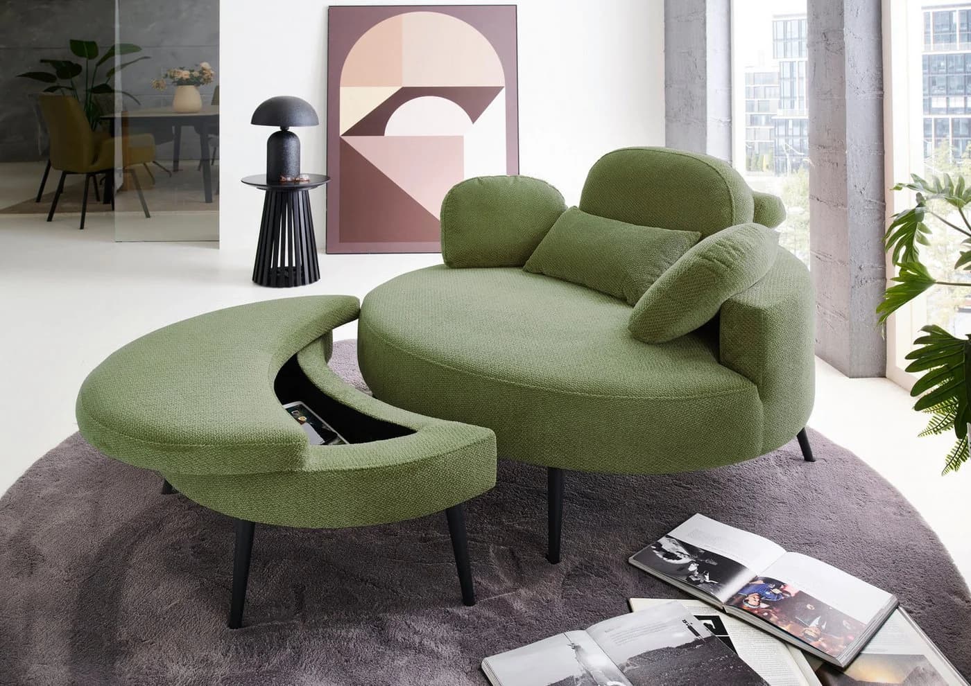 OTTO home Loveseat Riko Sessel Grün mit Stauraumhocker und Verstellfunktion