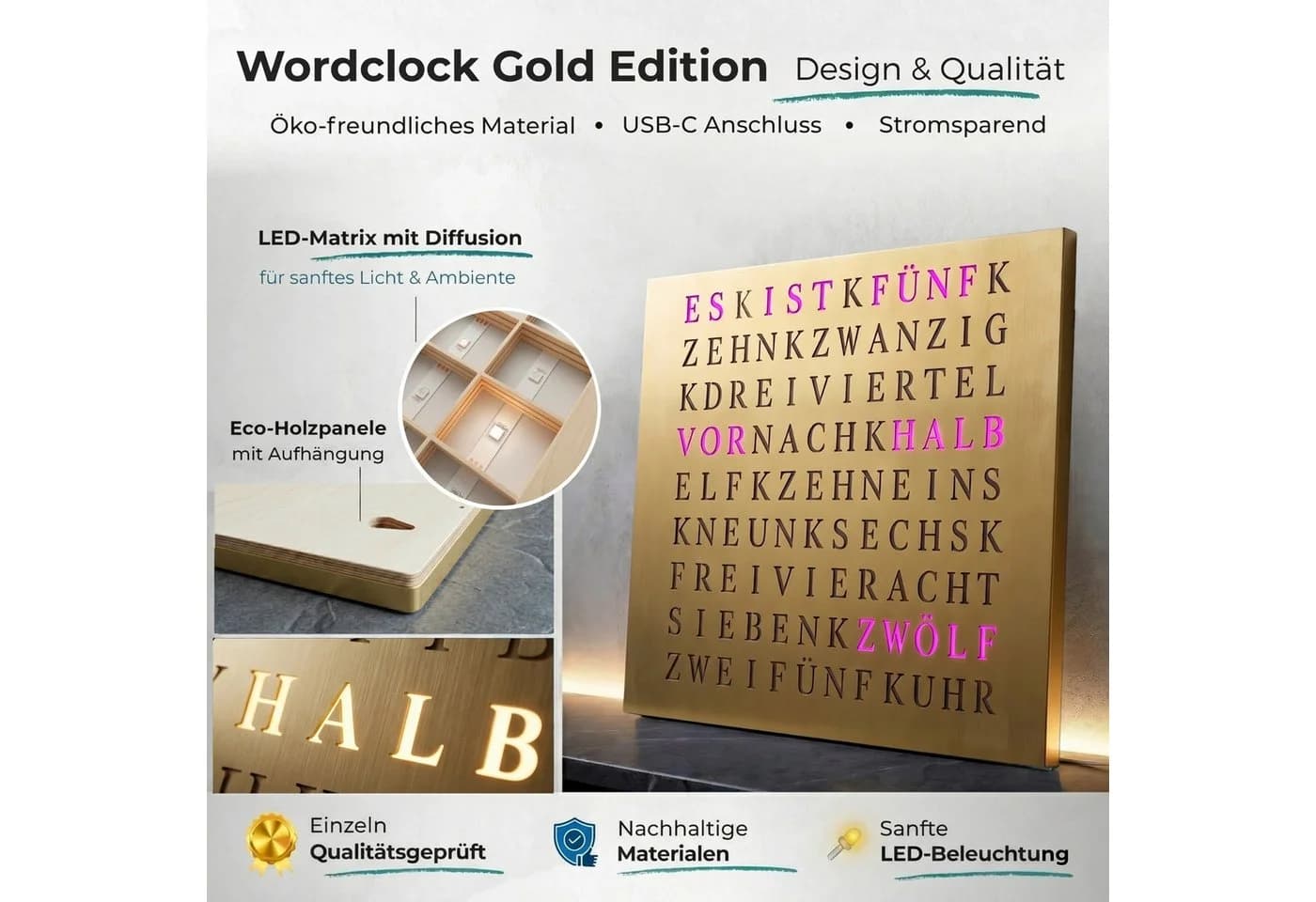 build-yours.de Wortuhr Jupiter LED Wanduhr goldfarben - Bild 5