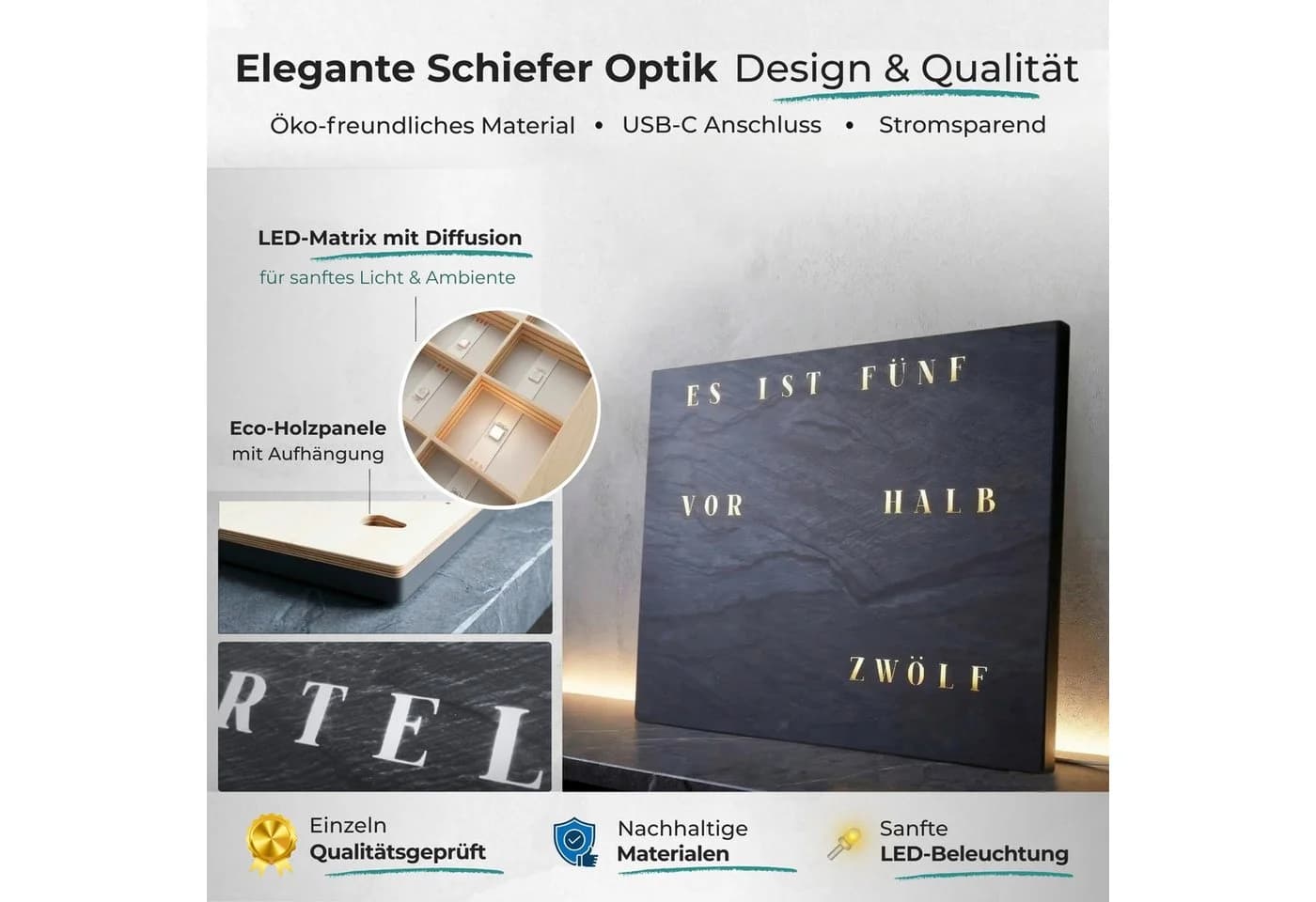 build-yours.de WordClock Jupiter Wanduhr Schiefer Optik LED Wortuhr