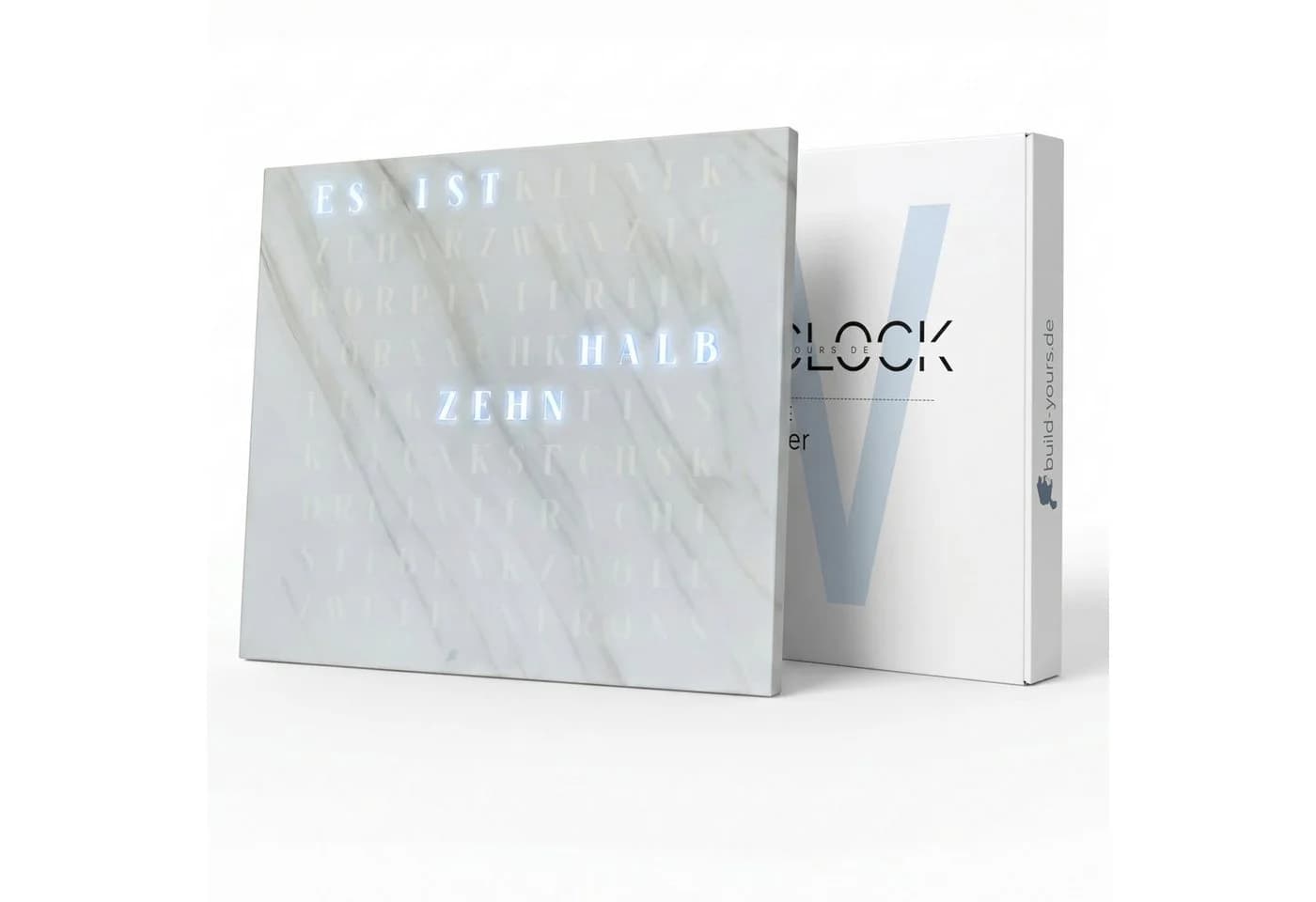 Build-Yours.De Wanduhr WordClock Jupiter Weißer Marmor Optik-Wortuhr in Deutsch-LED Wanduhr - Bild 2
