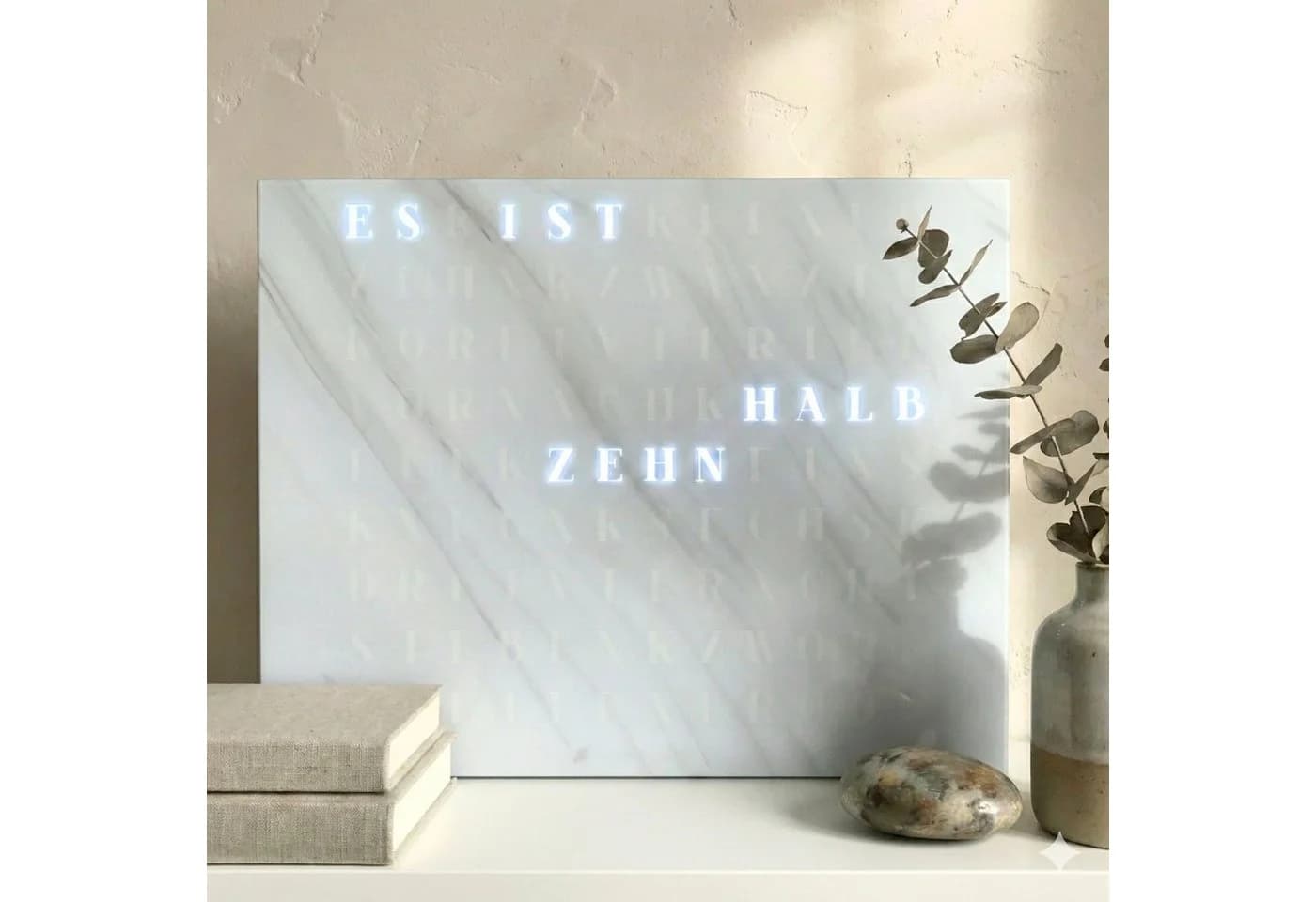 Build-Yours.De Wanduhr WordClock Jupiter Weißer Marmor Optik-Wortuhr in Deutsch-LED Wanduhr - Bild 4