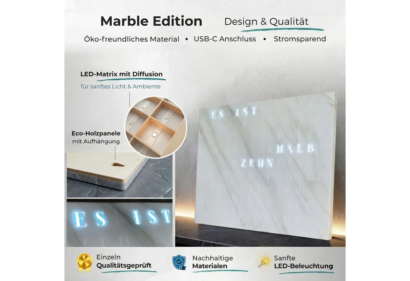 Build-Yours.De Wanduhr WordClock Jupiter Weißer Marmor Optik-Wortuhr in Deutsch-LED Wanduhr - Bild 5